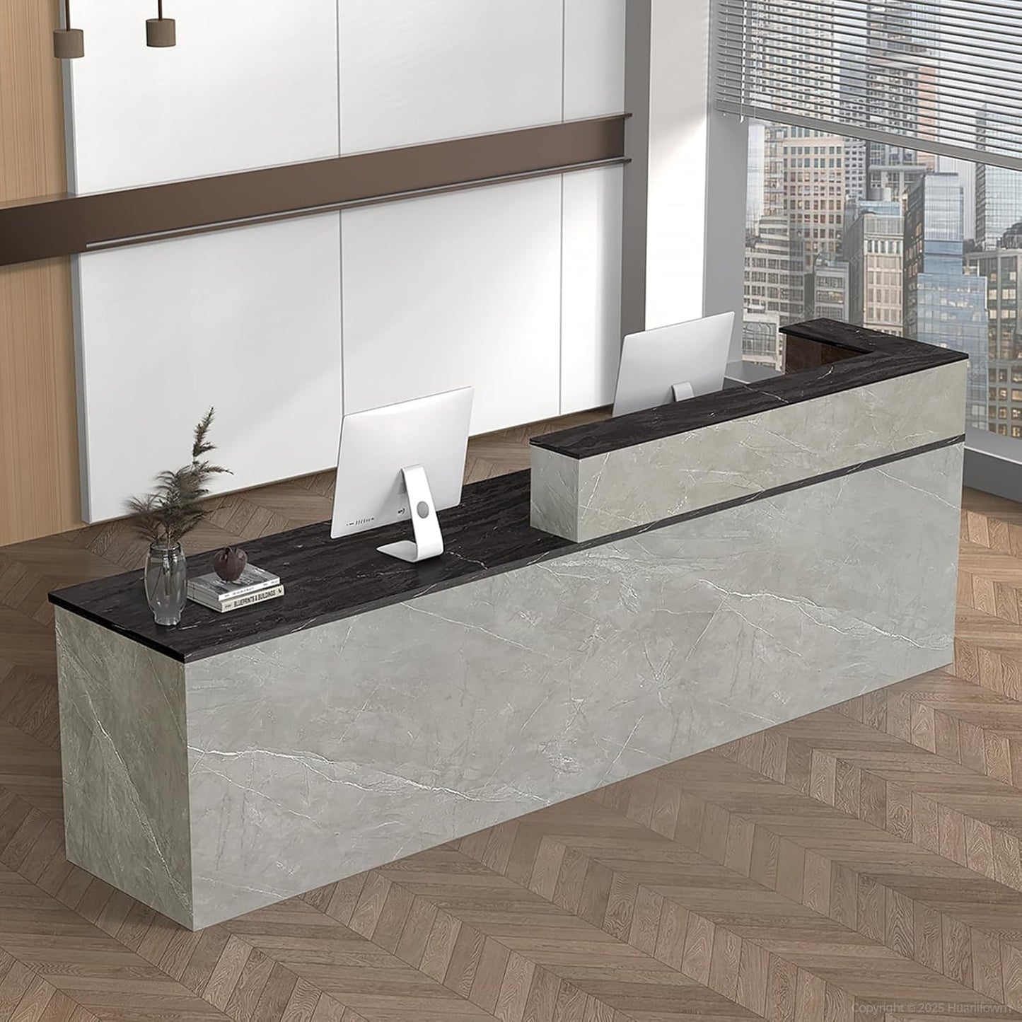 L Shape Reception Desk with Counter, Lockable Drawer, Keyboard Tray, and Double-Layer Storage for Salon, Office, or Clinic (Gray+Black/Left, 79" L*24" W*39" H)