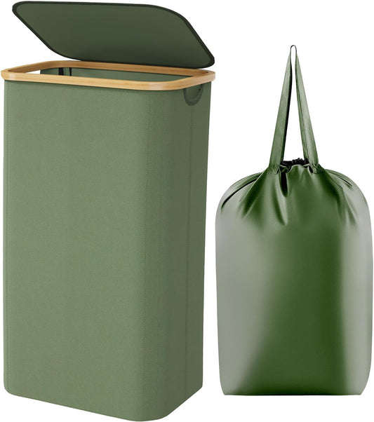 Lifewit 100L Laundry Basket with Lid, Clothes Hampers for Laundry with Bamboo Handles and A Removable Bag, Large Foldable Laundry Hamper for Bedroom, Bathroom, Dorm, Laundry Room, Green