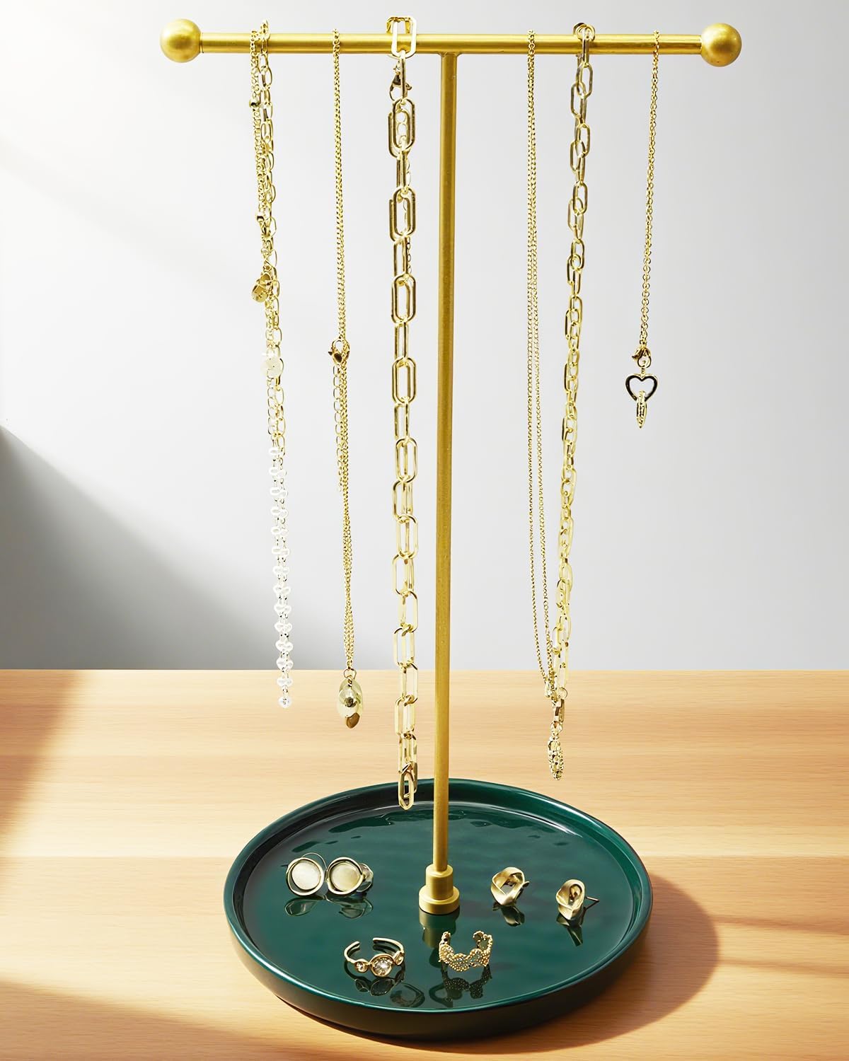 VROOMIUM Necklace Holder Stand - 6in Ceramic Base X 1ft Height, Aesthetic Decor for Bedroom, Jewelry Organizer for Necklace, Bracelets, Rings, Exhibidor de Collares- Elegant Green