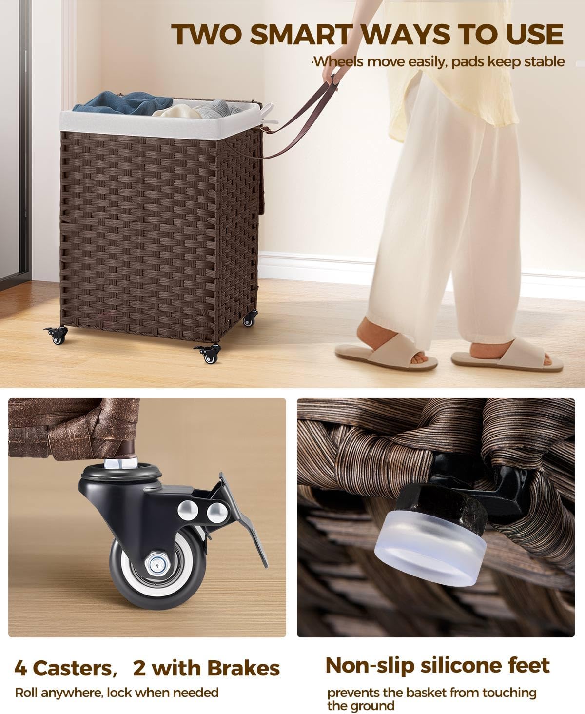 Greenstell Laundry Hamper with Wheels, No Install Needed, 90L Divided Handwoven Hampers & 2 Removable Liner Bags, Synthetic Rattan Clothes Laundry Basket with Lid & Handles, Foldable Hampers Brown