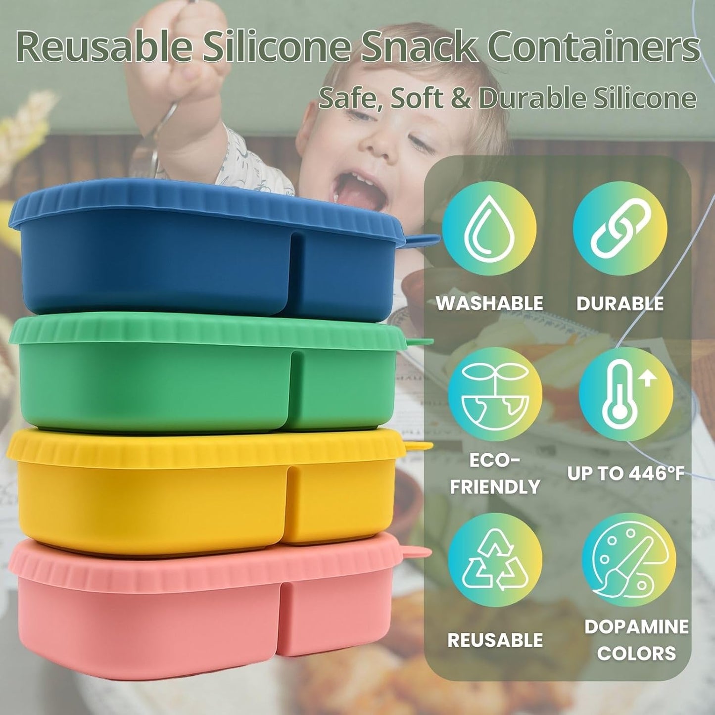 2 Pack Reusable Silicone Snack Containers with Lid, Strap, Spoon & Fork-2 Compartments Portable Mini Containers，Silicone Snack Storage Box for Picnic, Office, School(pink+orange)