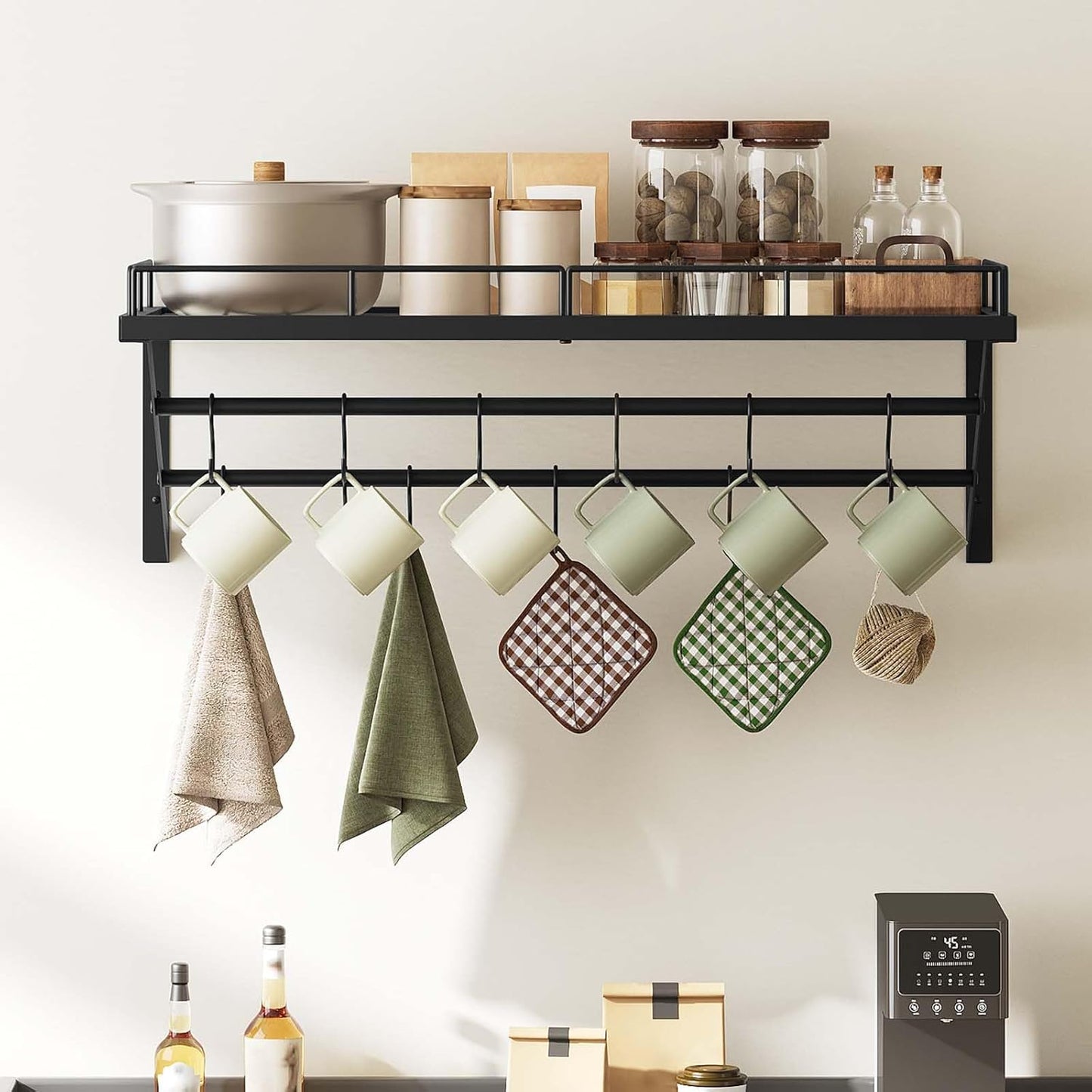 Pot Rack, 30 Inch Wall Mounted Pot Rack, Kitchen Pot and Pan Organizer with 2 Tier Hanging Rails, 12 S-Hooks, Space Saving, for Kitchen Cookware Organizer, Black PR02BK