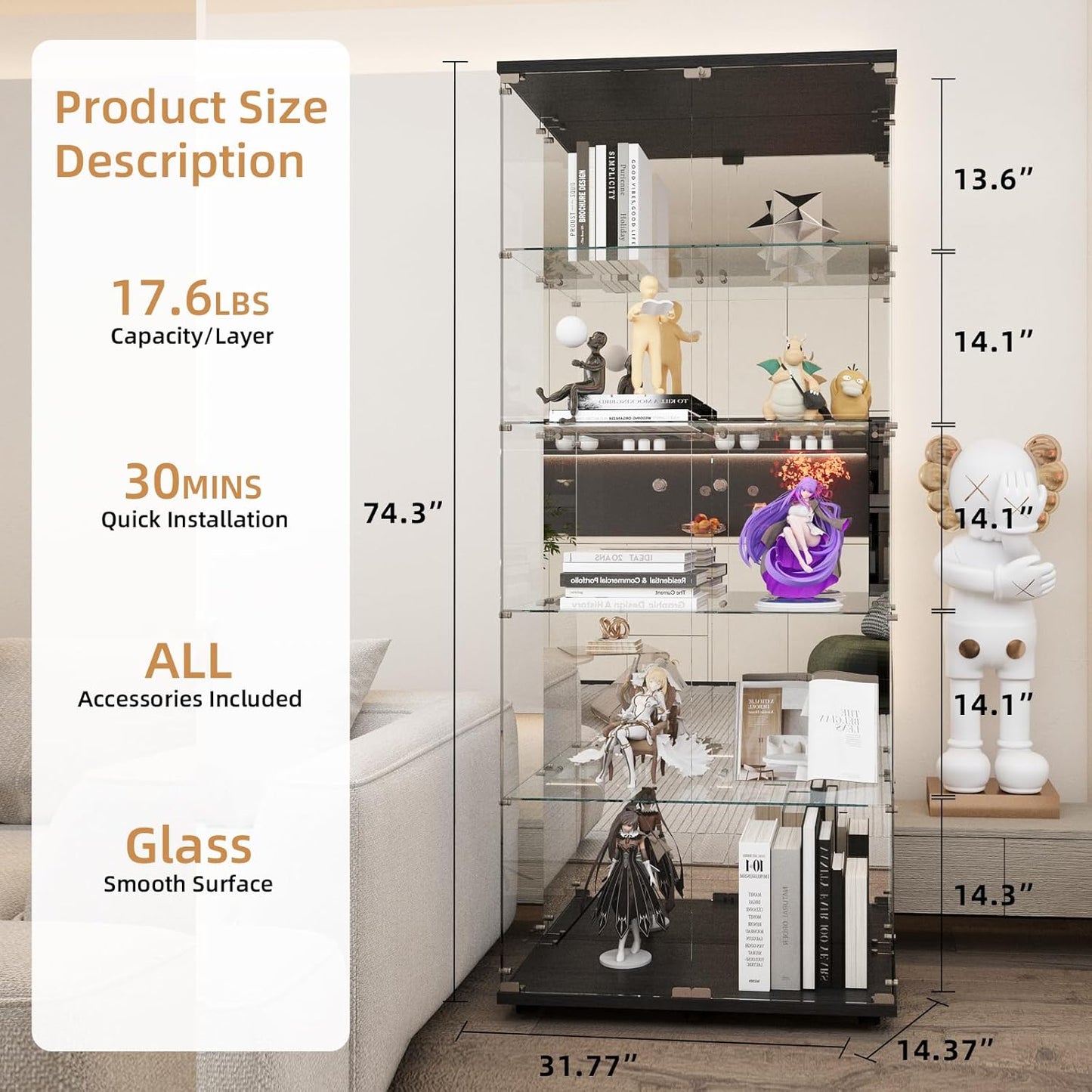 Beauty4U Glass Display Cabinet with Mirror Back Panel, 5 Shelves with 2 Doors, Curio Cabinets for Living Room, Bedroom, Office, Black Floor Standing Glass Bookshelf, Quick Installation