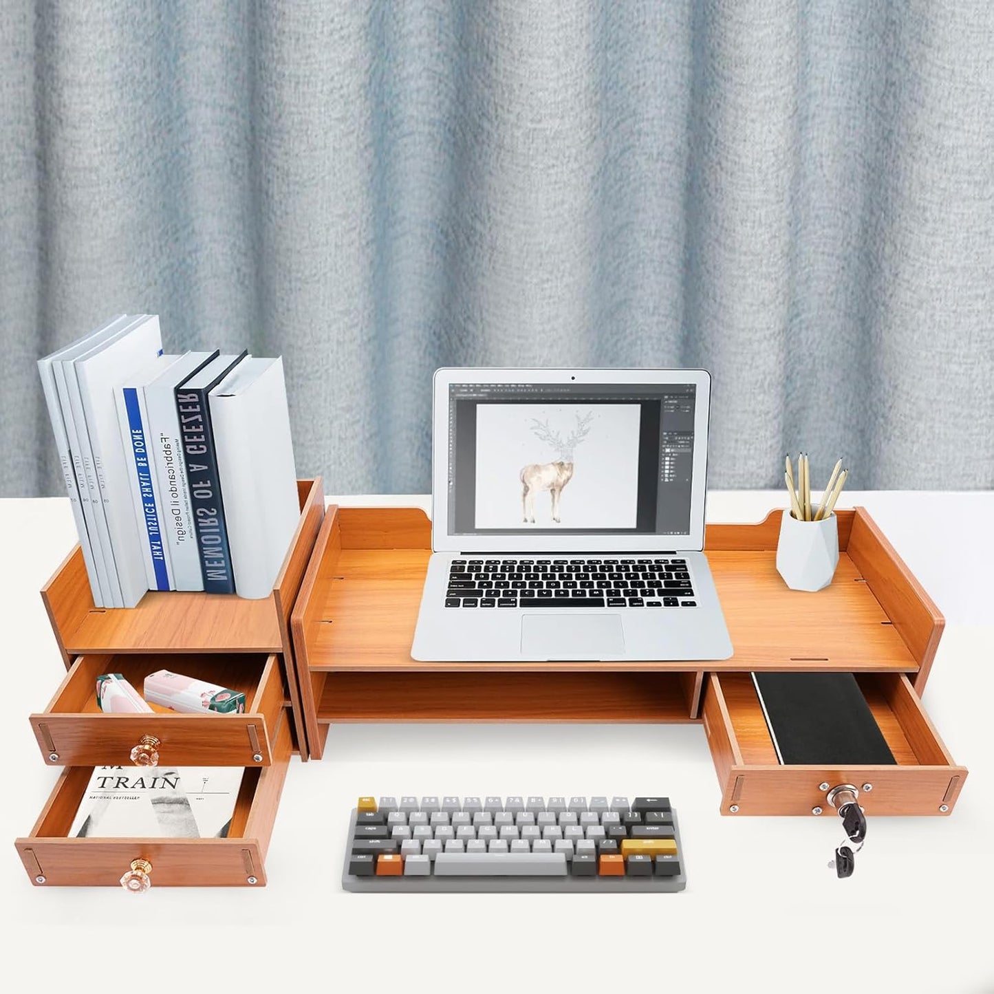 Wood Monitor Stand Riser with 3 Drawers & Lockable Storage – Desktop Organizer for Computer, Laptop, and Office Supplies, Ergonomic Monitor Stand for Desk, Workspace Organizers & Accessories