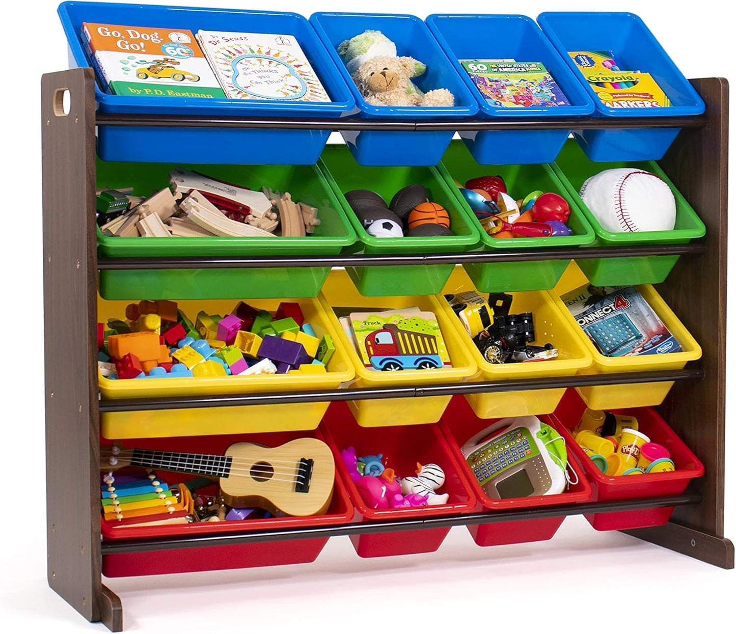 Humble Crew Supersized Toy Storage Organizer with 16 Removable Bins, Walnut/Primary – Large Toy Storage for Toddlers Ideal for Kids' Rooms, Playrooms, and Nurseries - Modern Toy Bins for Kids