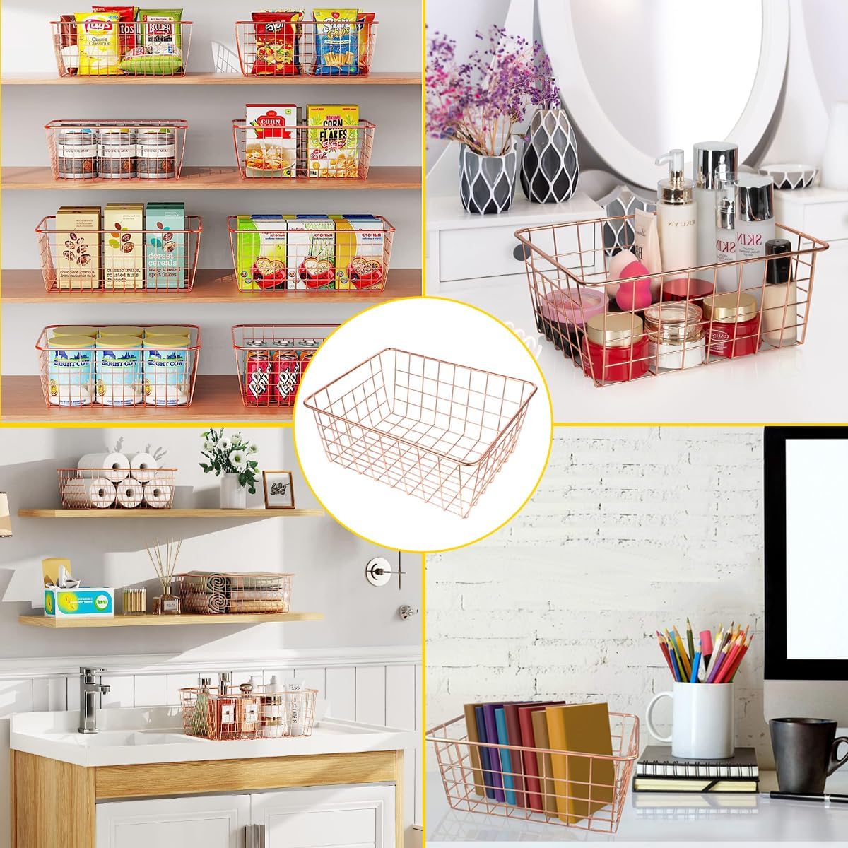 4 Pack Wire Baskets for Pantry Metal Wire Freezer Organizer Bins with Handles, Metal Basket Rose Gold Wire Baskets for Storage Organizing Office, Kitchen Cabinets, Bathroom, Countertop