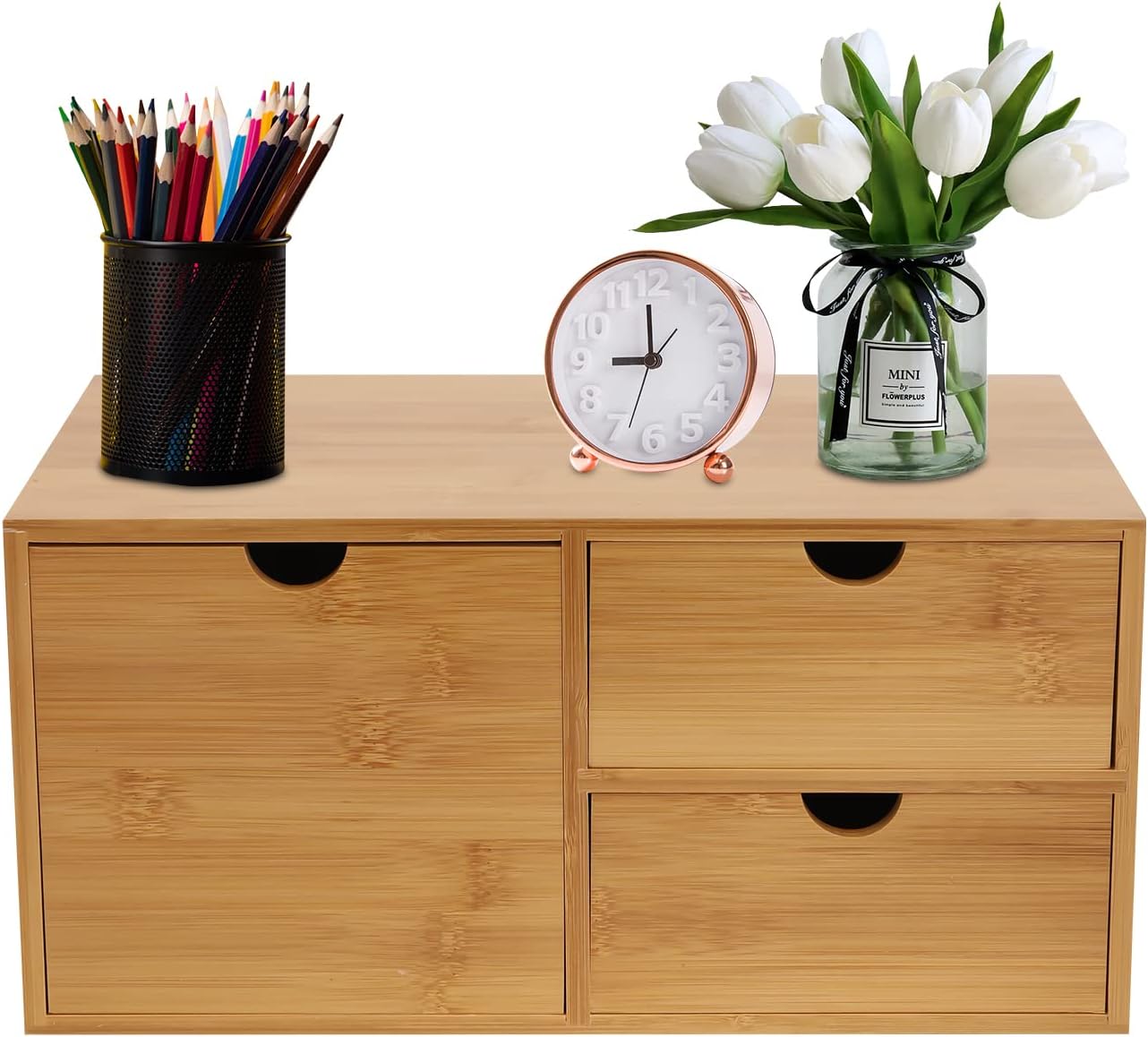 TFCFL Bamboo Desk Organizer with 3 Drawers, Wood Desktop Storage Box for Office Supplies, Natural Bamboo Drawer Organizer with Flat Top for Pen, Mail, Stationery Home Office Organization