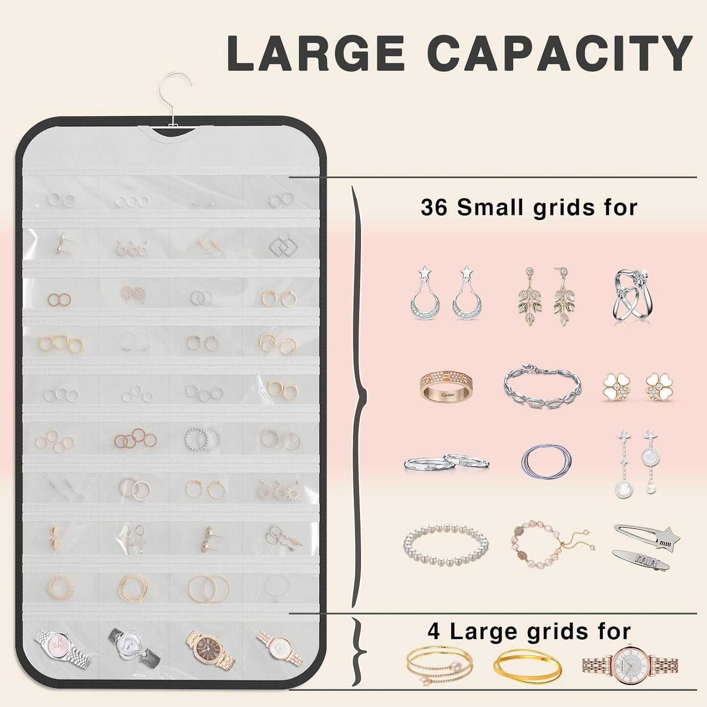 Hanging Jewelry Organizer Storage, 40 Pockets 36 Hooks Necklace Earring Bracelet Ring Organizer, Double - Sided Design, Black and White