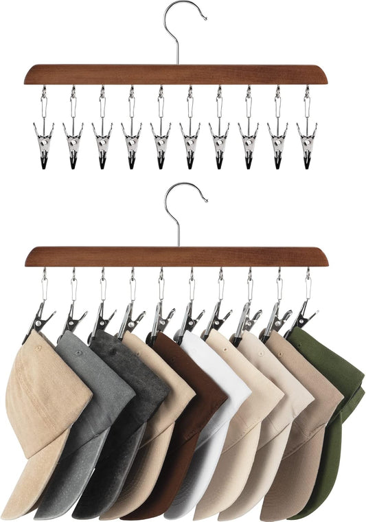 StorageWorks Hat Rack, Closet Organizer and Storage for Baseball Caps,Set of 2 with 10 Adjustable Stainless Steel Clips, Fits All Caps, Natural Walnut Color