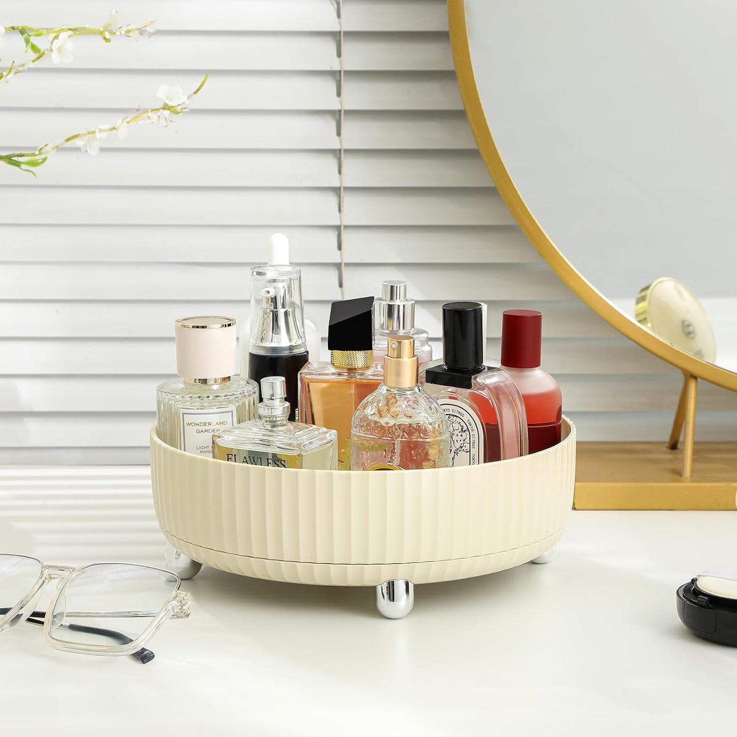 Anyoifax Makeup Perfume Organizer Tray 360 Degree Rotating Lazy Susan Skincare Lotion Organizer Spinning Cosmetics Storage for Dresser, Vanity, Bathroom Countertop, Large Beige