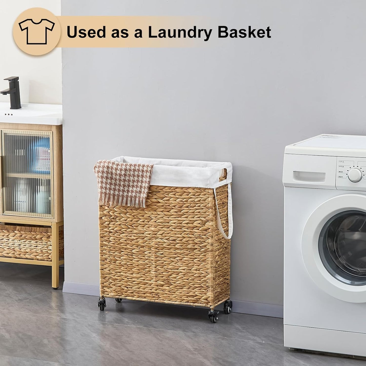 Rolling Laundry Hamper with Wheels, Slim Laundry Basket with Removable Liner Bag & 2 Mesh Bags, Handwoven Water Hyacinth Clothes Hamper for Bedroom Bathroom (Natural, 85L)