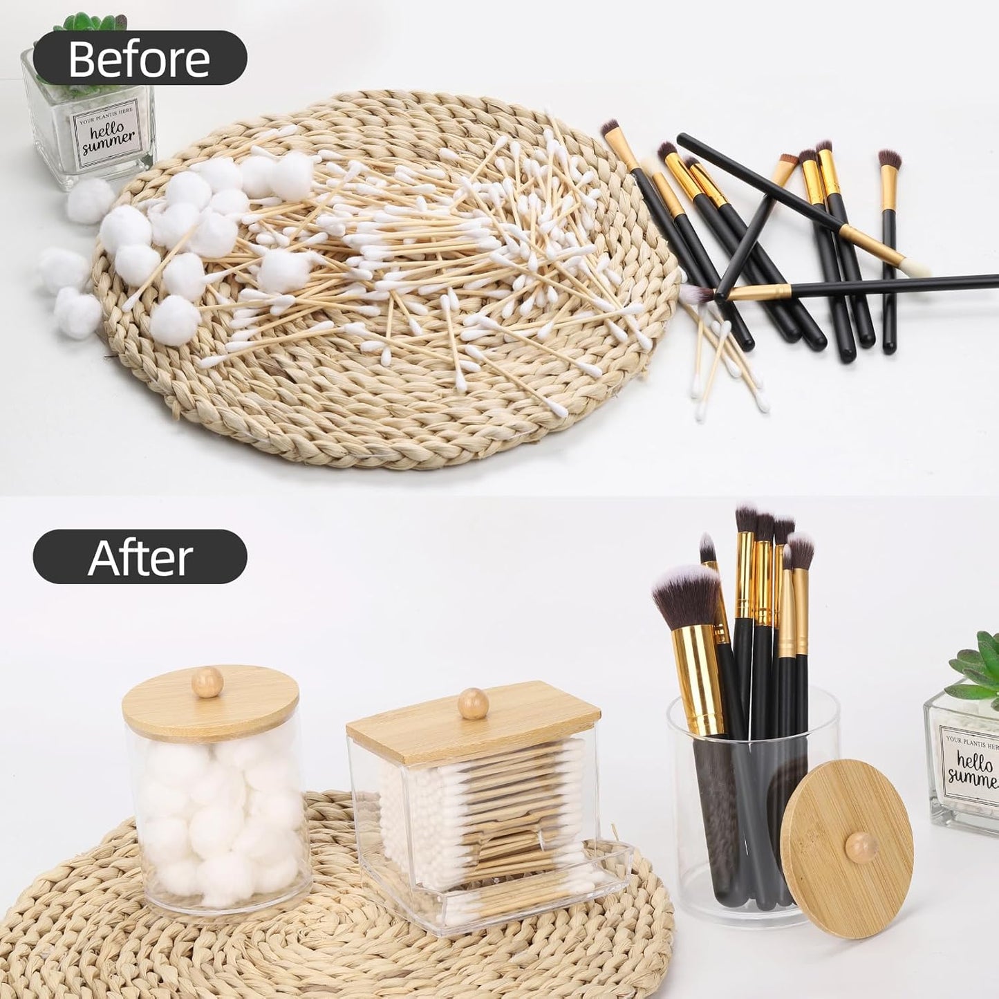 Tbestmax Qtips Dispenser Bathroom Container, 10/12 oz Cotton Ball Holder, Apothecary Jar Organizer for Storage Cotton Swab, Floss Picks (Bamboo Lids)