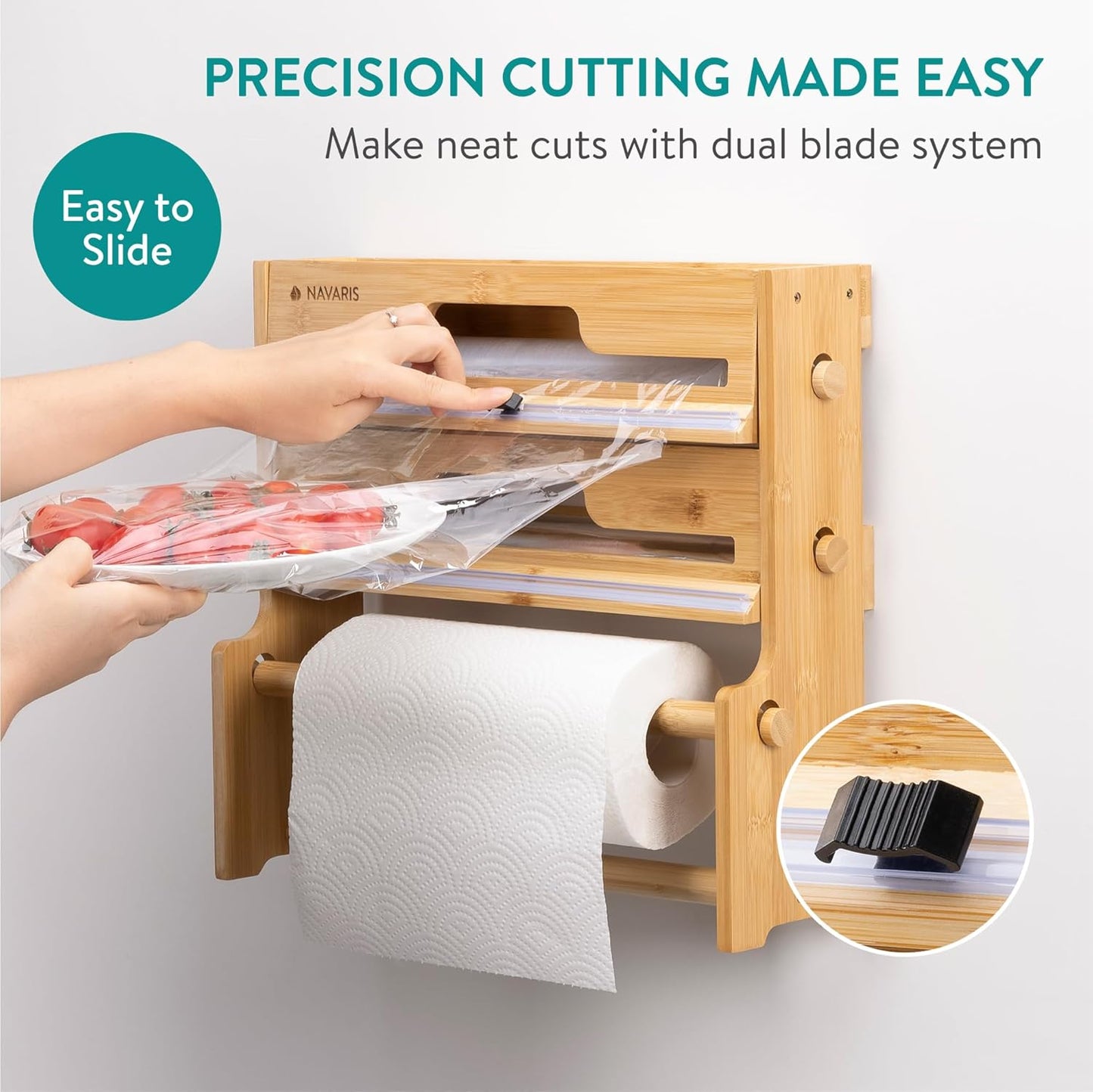 Navaris 3 in 1 Cling Film Dispenser with Cutter - Space Saving Kitchen Roll Storage and Foil Organizer - Bamboo Tin Foil and Clingfilm Holder with Utensil Area - Wall Mount Option
