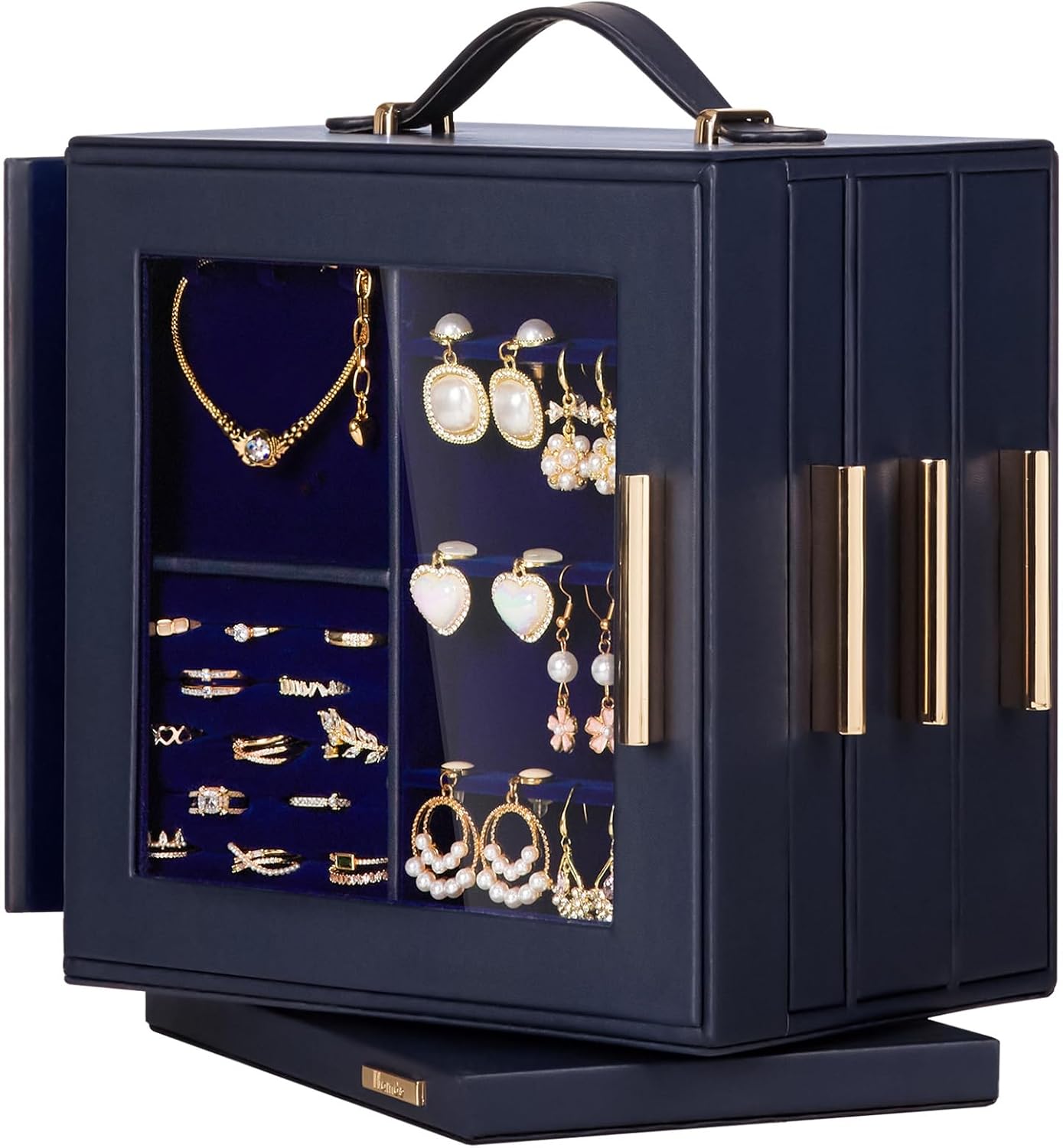 Homde Christmas Gifts Jewelry Box 360° Rotating, Necklace Earring Organizer with Transparent Window, Mirror, 7 Drawers, Large Ring Display Storage Case for Girls Women (Dark Blue)