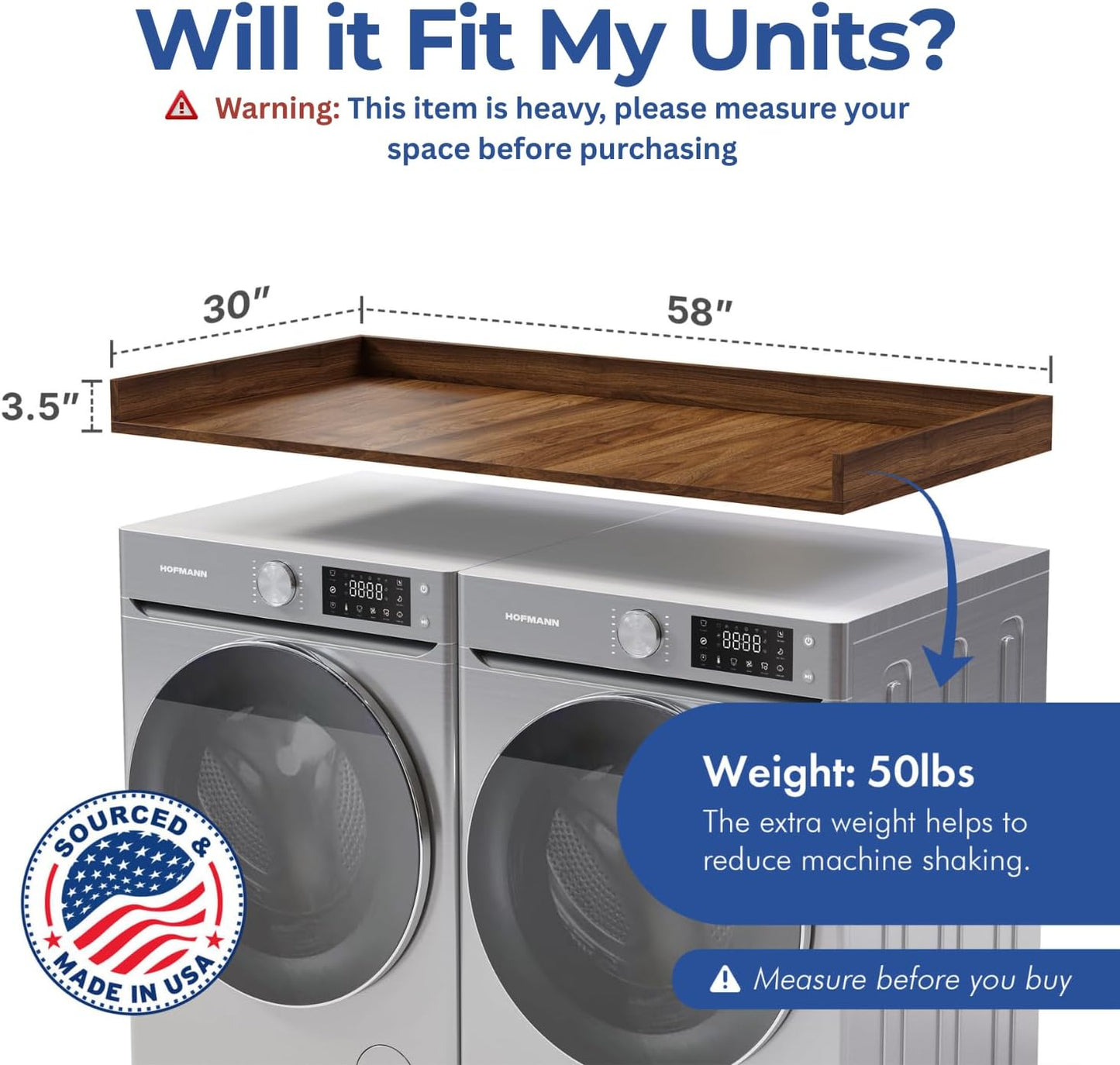 OfficeSimpli Large Washer Dryer Countertop 30 x 58 - Made in USA - Laundry Countertop Over Washer and Dryer, Laundry Room Countertop Organization Solution with Non-Slip Pads, California Walnut