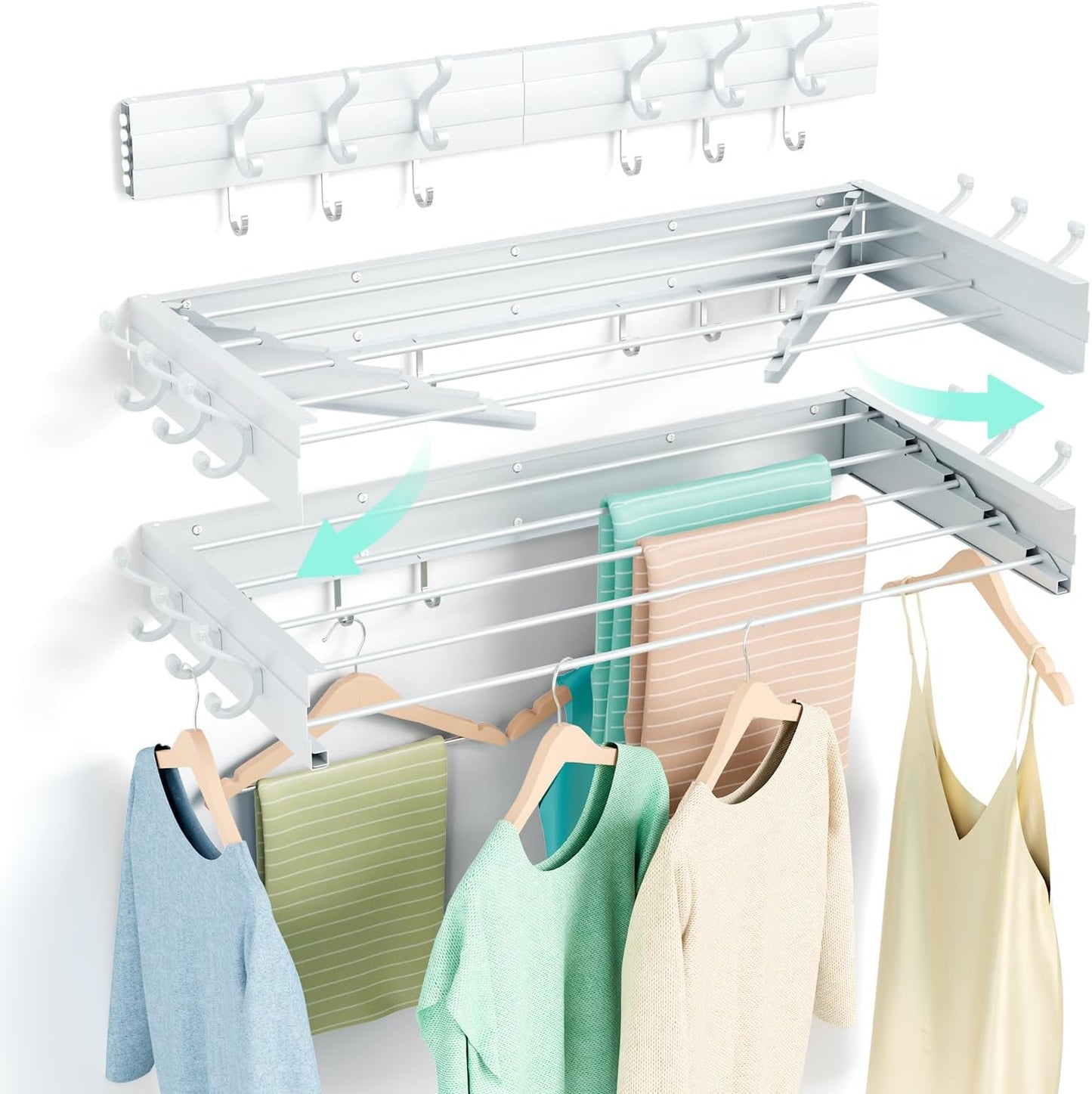 BAKON Wall Mounted Drying Rack, Indoor Outdoor Foldable Wall Mounted Clothes Drying Rack, Concealed Wall Drying Rack - Space Saving for Storage and Drying Clothes, 6 Hooks, 5 Poles (31.5"【Upgrade】)