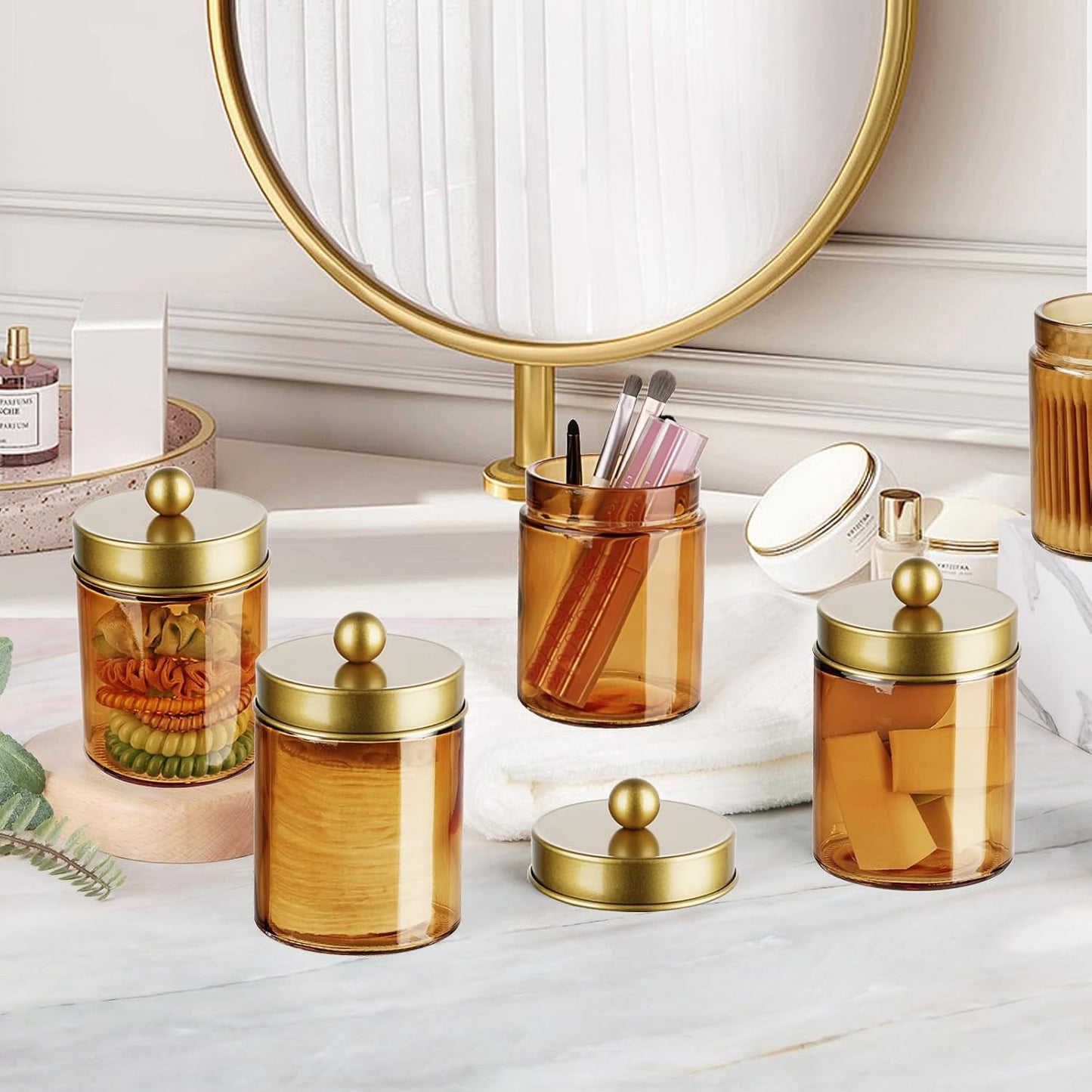 Amolliar Bronze Glass Apothecary Jar With Metal Lid & Stickers, Bathroom Qtip Dispenser Storage Canister, Perfect for Cotton Balls, Cotton Swabs, Makeup Pads, Bath Salt, Floss, 1 Pack(Gold)