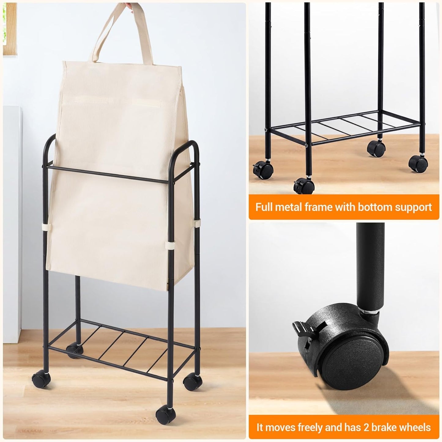 ELYKEN Slim Laundry Hamper with Lid, 50L Small Rolling Laundry Basket on Wheels, 7.9” Narrow Dirty Cloth Cart with Removable Inner Bag for Small Bathroom, Bedroom, Creamy