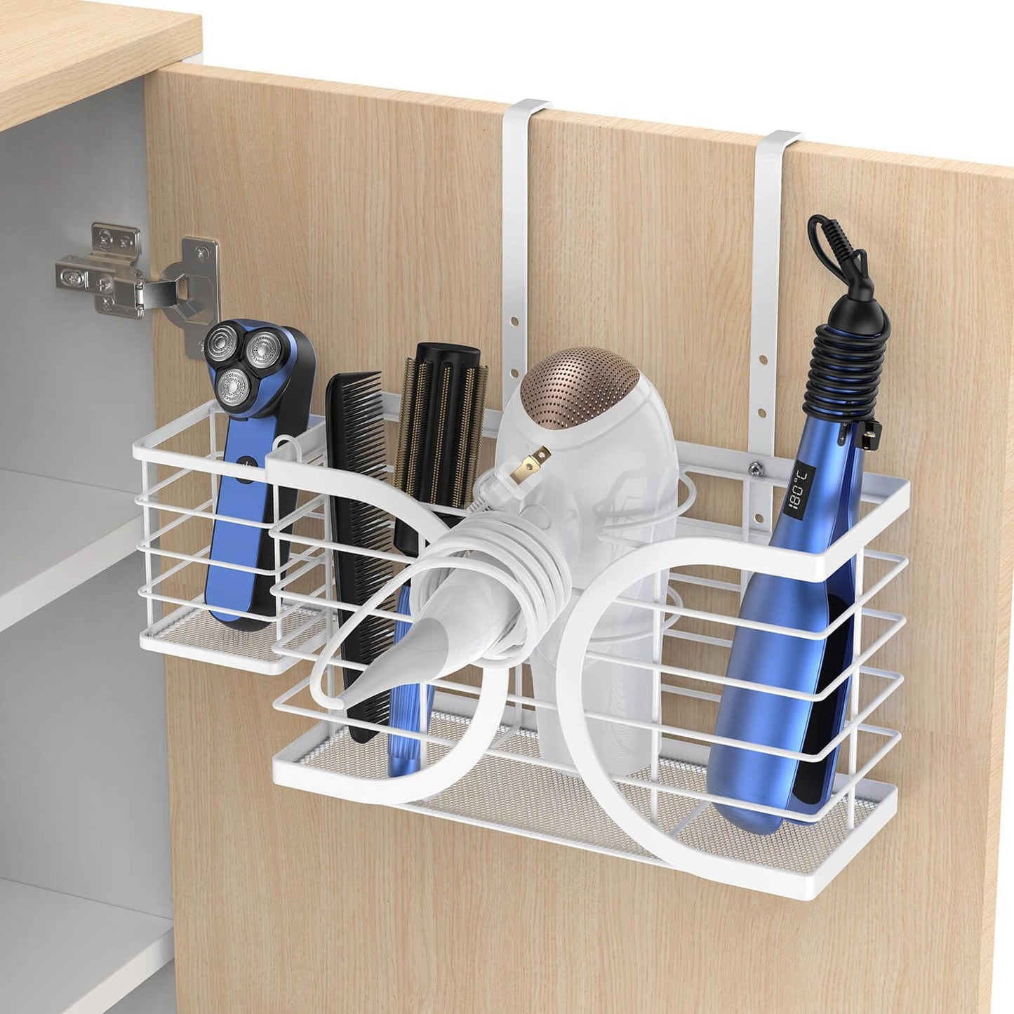 Hair Dryer Holder 3in1 Hair Tool Organizer/Wall Mounted,Cabinet Door or Desk-based Blow Dryer Holder/Height-adjustable Curling Iron Holder/Bathroom Cabinet Organizer for Flat Irons Curling Wand