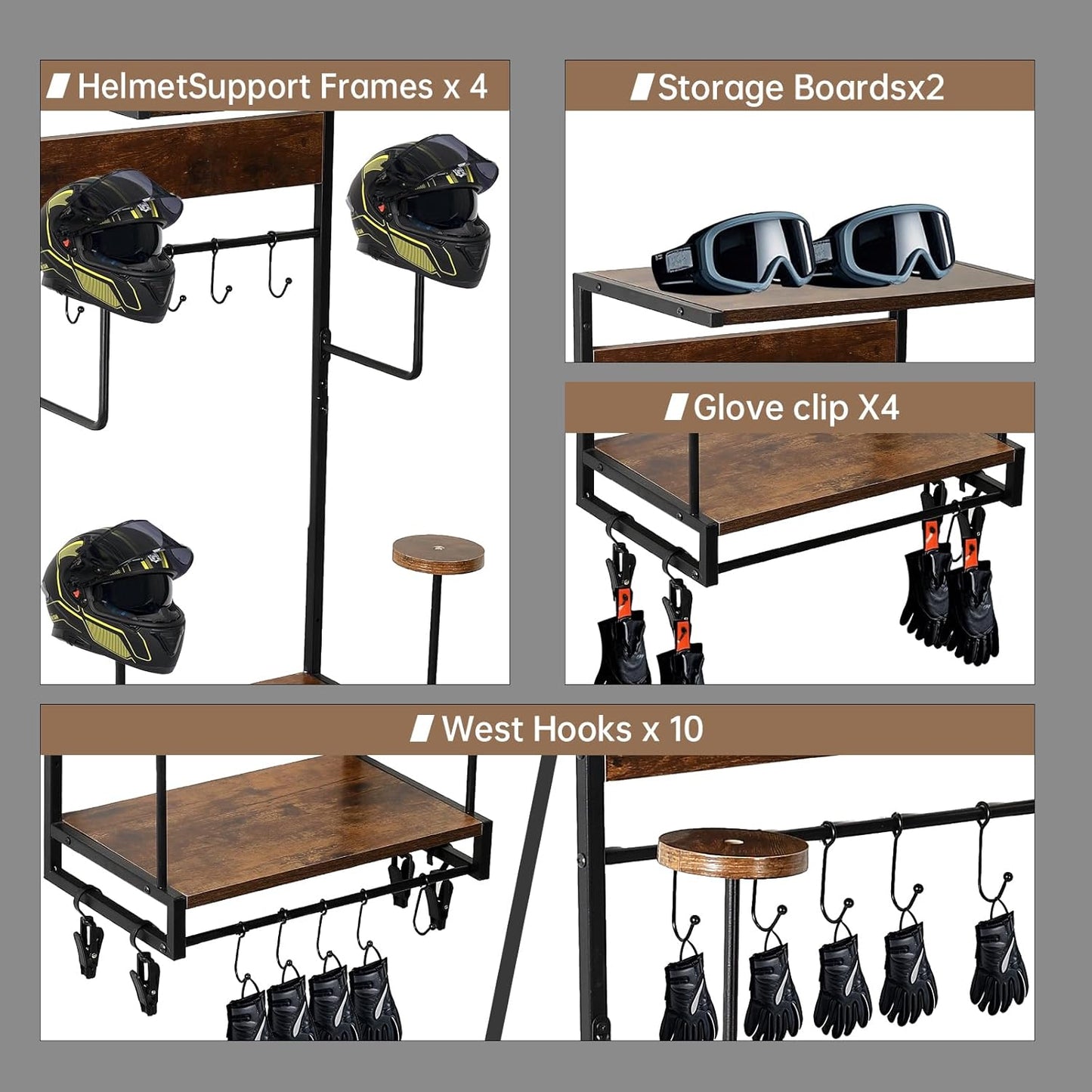 Motorcycle Helmet Rack, Wall Mount with 4 Glove Chips, 10 Hooks and Rustic Finish for Multiple Helmets and Clothes