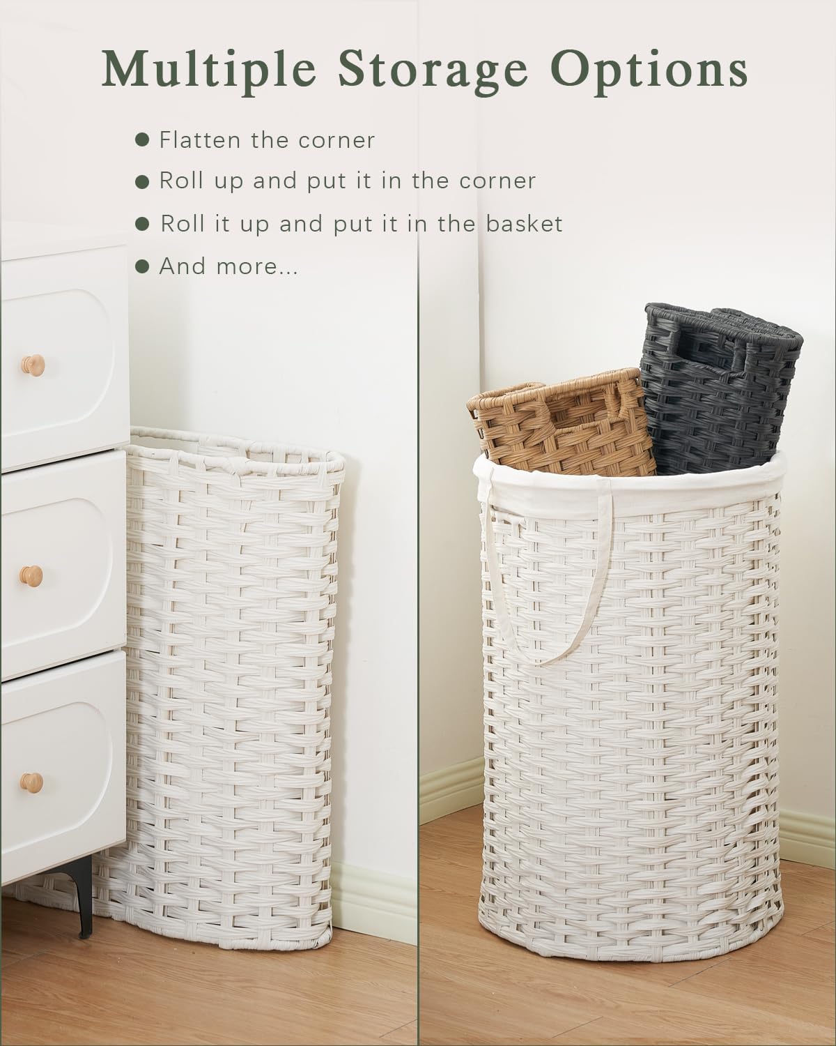 34.3 Gal (130 L) Large Laundry Hamper Laundry Basket Round Handwoven Wicker Laundry Baskets Rattan Laundry Basket with Removable Bag Handles 2 Mesh Bags for Living Room Bedroom White