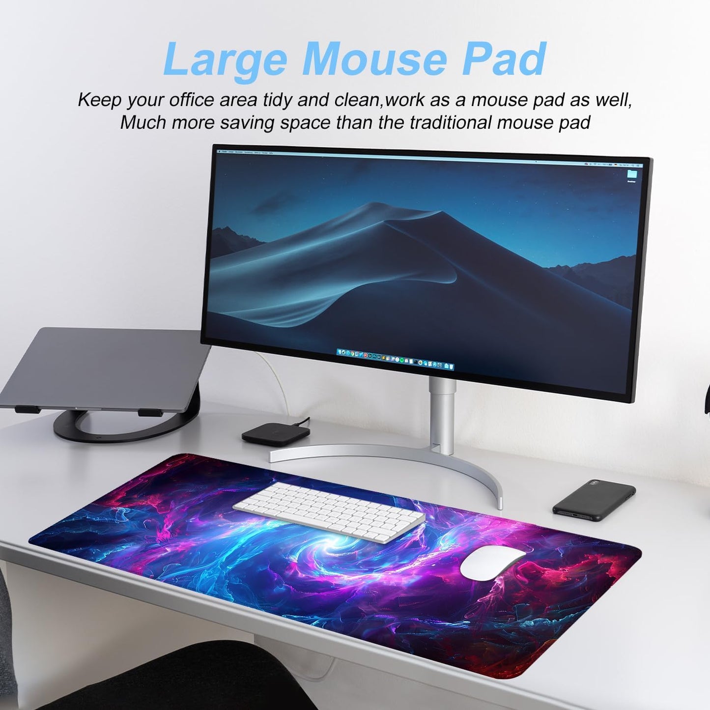 Galaxy Swirl Mouse Pad XXL – Large Extended Desk Mat with Blue & Pink Energy Nebula, Cosmic Gaming Mousepad with Non-Slip Base for PC, Office, Streamers,31.5 x 11.8 in