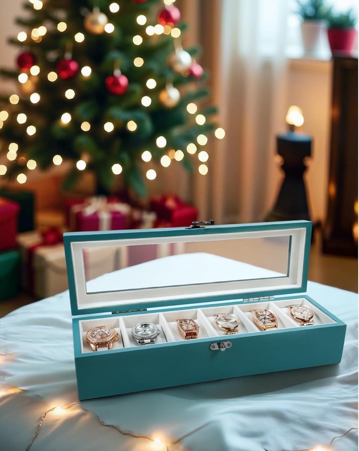 Watch Box, Watch Case for Men Women with Large Glass Lid, Wooden Watch Display Storage Box with 6 - Slots, Ocean Blue Mens Watch Box Organizer