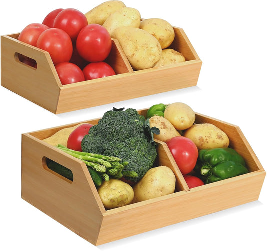 Ollieroo Bamboo Stackable Storage Bin, Pantry Organizer and Storage Baskets, Potato and Onion Kitchen Organizer, Kitchen Storage Containers for Produce, Fruit, Bread, Vegetable, Garlic, Pack of Two