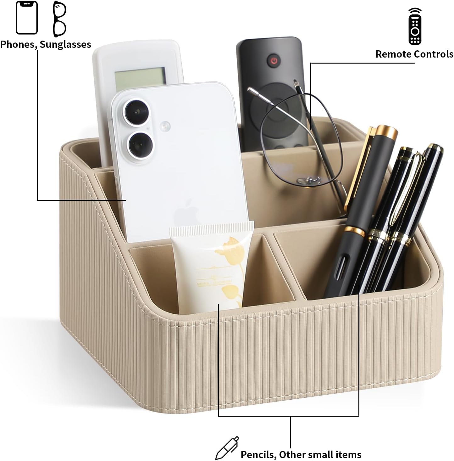 Remote Control Holder with 4 Compartments, PU Leather Small Nightstand Organizer for Home Desk Accessories Office Supplies, Multifunctional Stylish Small Bedside Desktop Organizers (Beige)