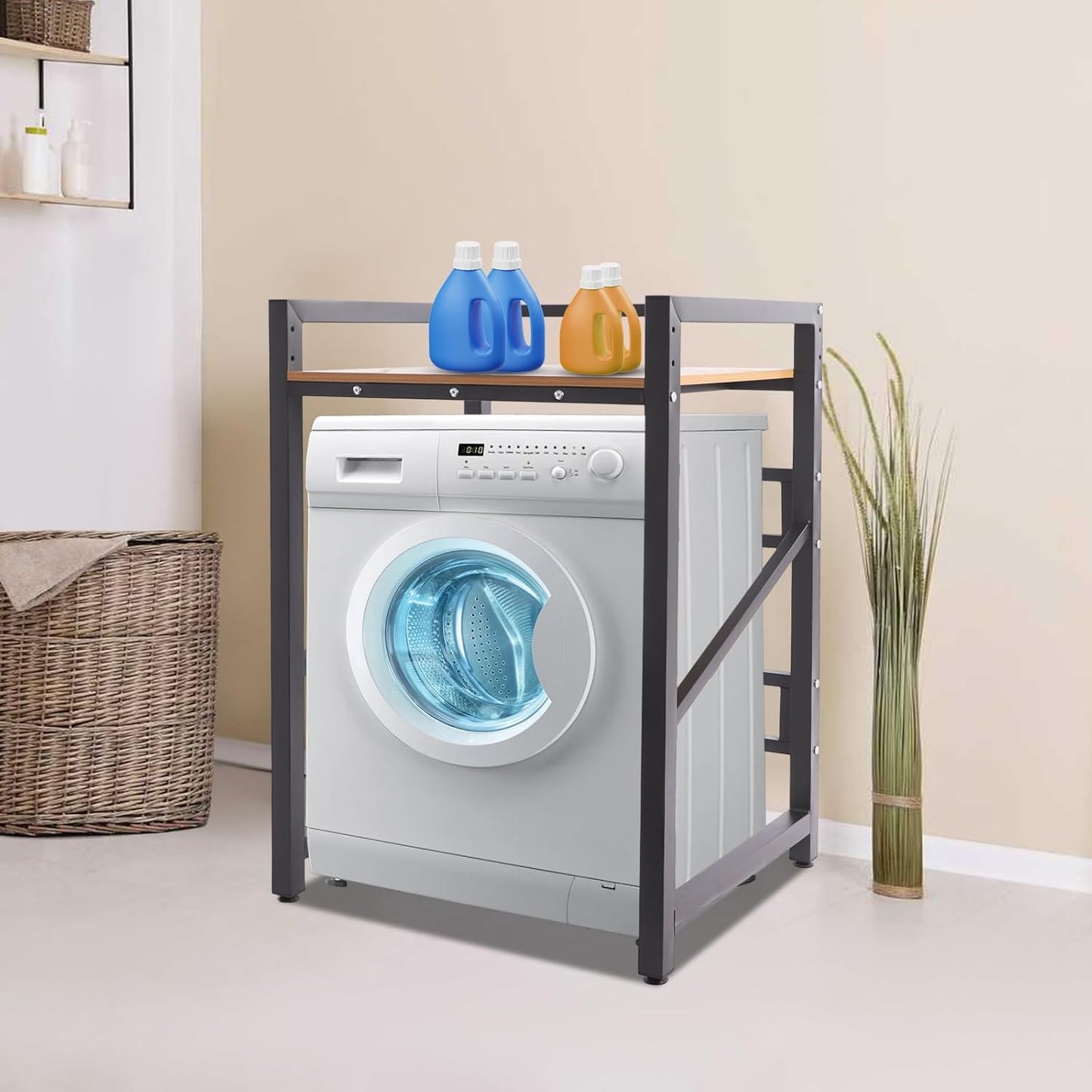 Washer Dryer Stacking Rack Stand, Heavy Duty Washing Machine Shelf with Adjustable Design, Load Capacity 660 lbs, Washer&Dryer Storage Shelf for Kitchens, Bathrooms, Laundry Rooms (Black+Yellow)