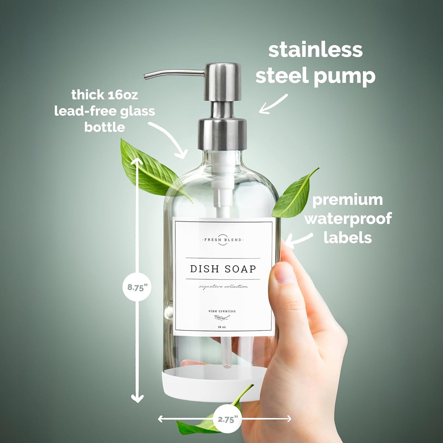Vine Creations Clear Glass Soap Dispenser, 2 Pack Kitchen Soap Dispenser Set with Stainless Steel Pump, 16 oz Hand Soap or Dish Soap for Bathroom or Kitchen with Waterproof Labels