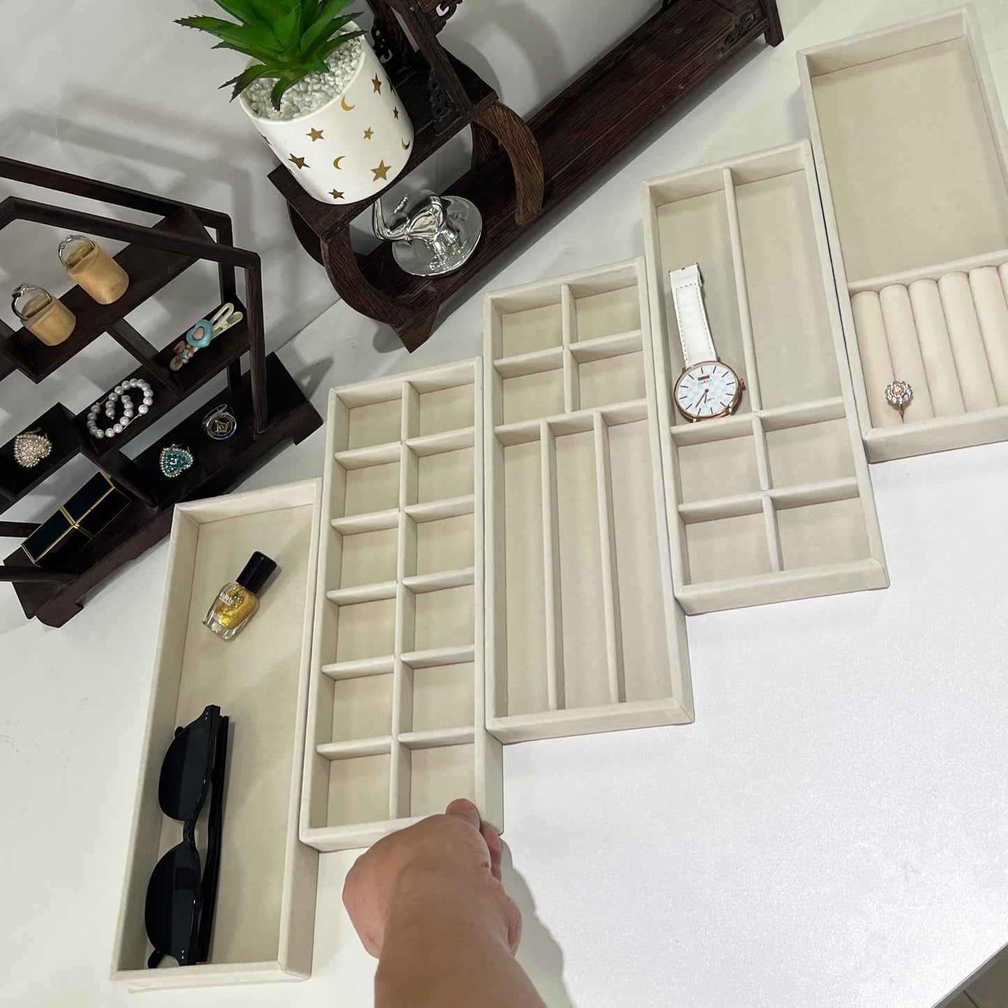 2Pcs Desk Drawer Storage Tray, Nightstand Organizer, Necklace Bracelet Ring Earring Jewelry Display, Grid Table Organizer Holder for Sunglass, Phone, Watch, Perfume (2 grid)/Beige