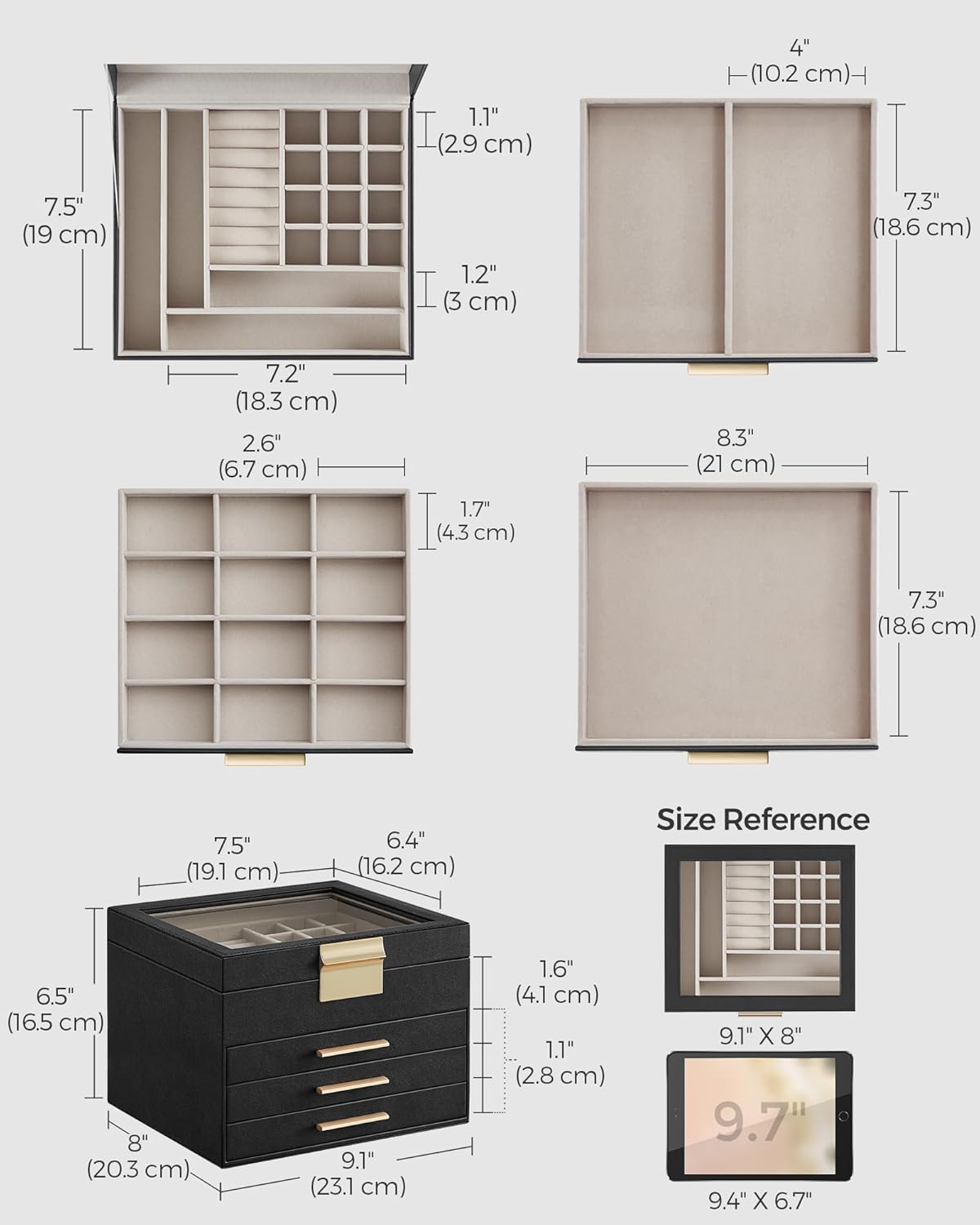 SONGMICS Jewelry Box Organizer with Glass Lid, 4-Layer Jewelry Storage, with 3 Drawers, Modern Style, Christmas Gift, 8 x 9.1 x 6.5 Inches, Graphite Black and Gold Color UJBC173B01