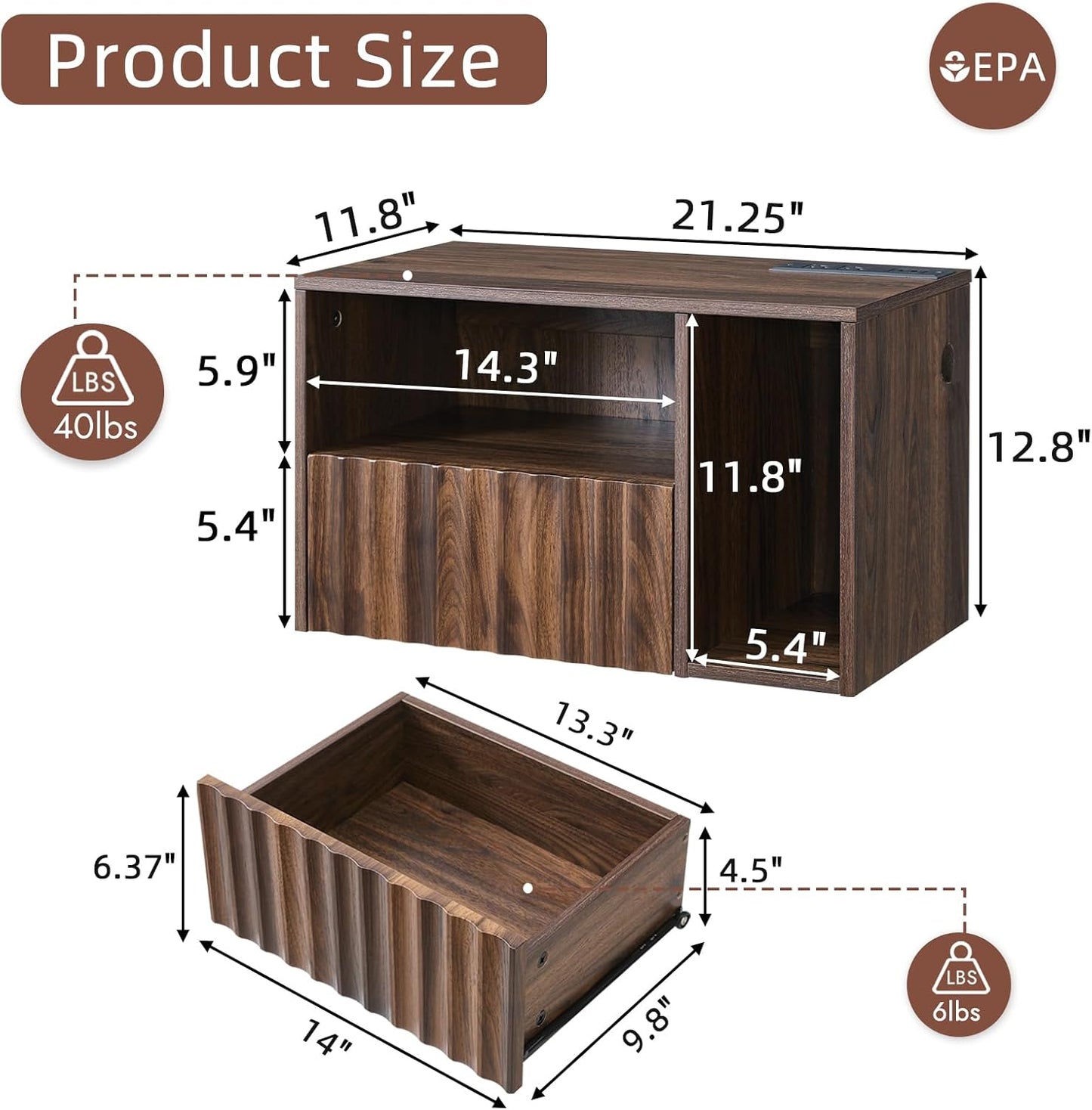 Modern Walnut Fluted Floating Nightstand with Charging Station, NightStand with Drawers, Bedside with USB Ports and Outlets, Bedroom Furniture (Right)