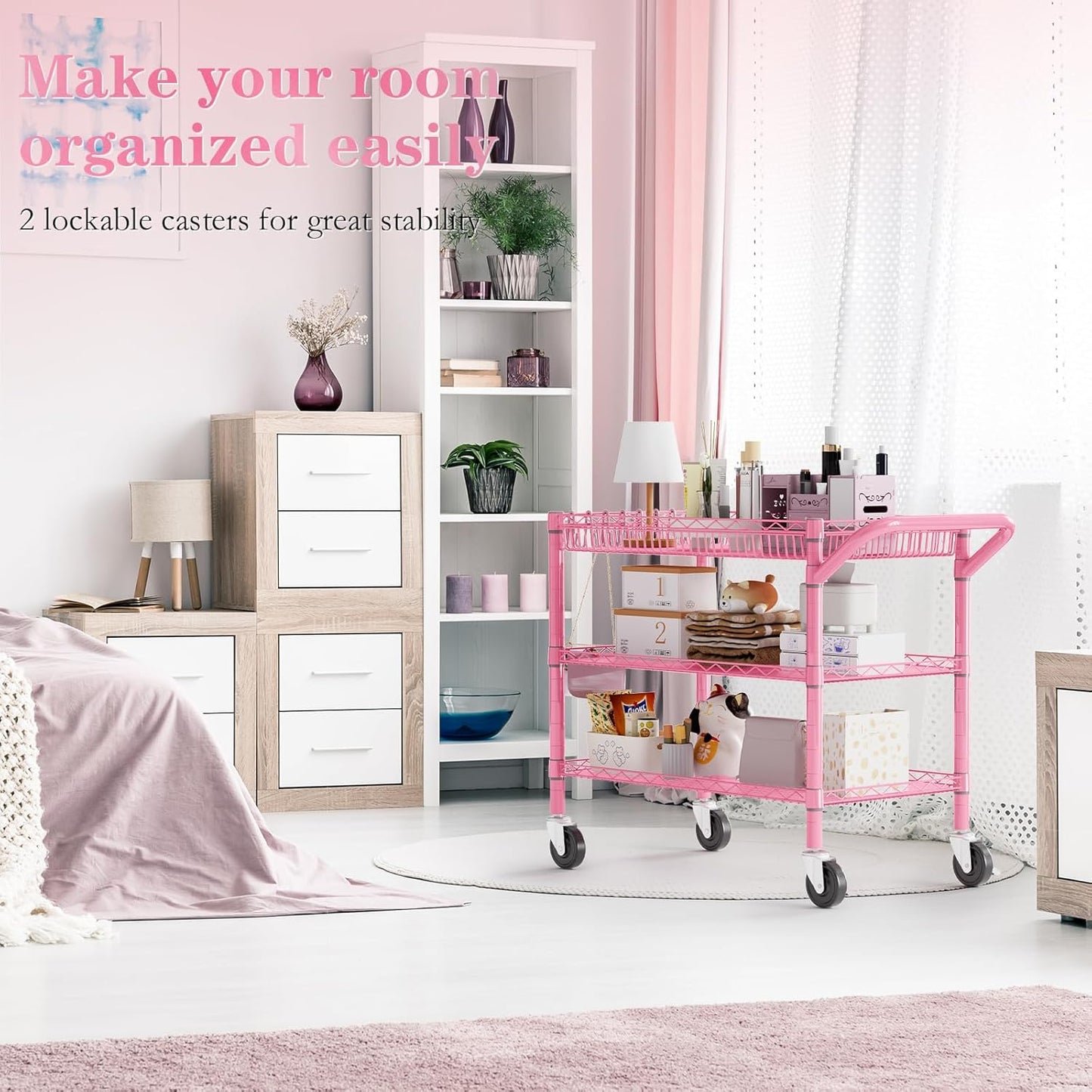 NTE Utility Cart with Wheels, 990lbs Capacity Metal 3 Tier Rolling Carts, NSF Kitchen Carts On Wheels with Storage, Heavy Duty Utility Cart with Handle & Wire Shelf for Indoor & Outdoor Use, Pink