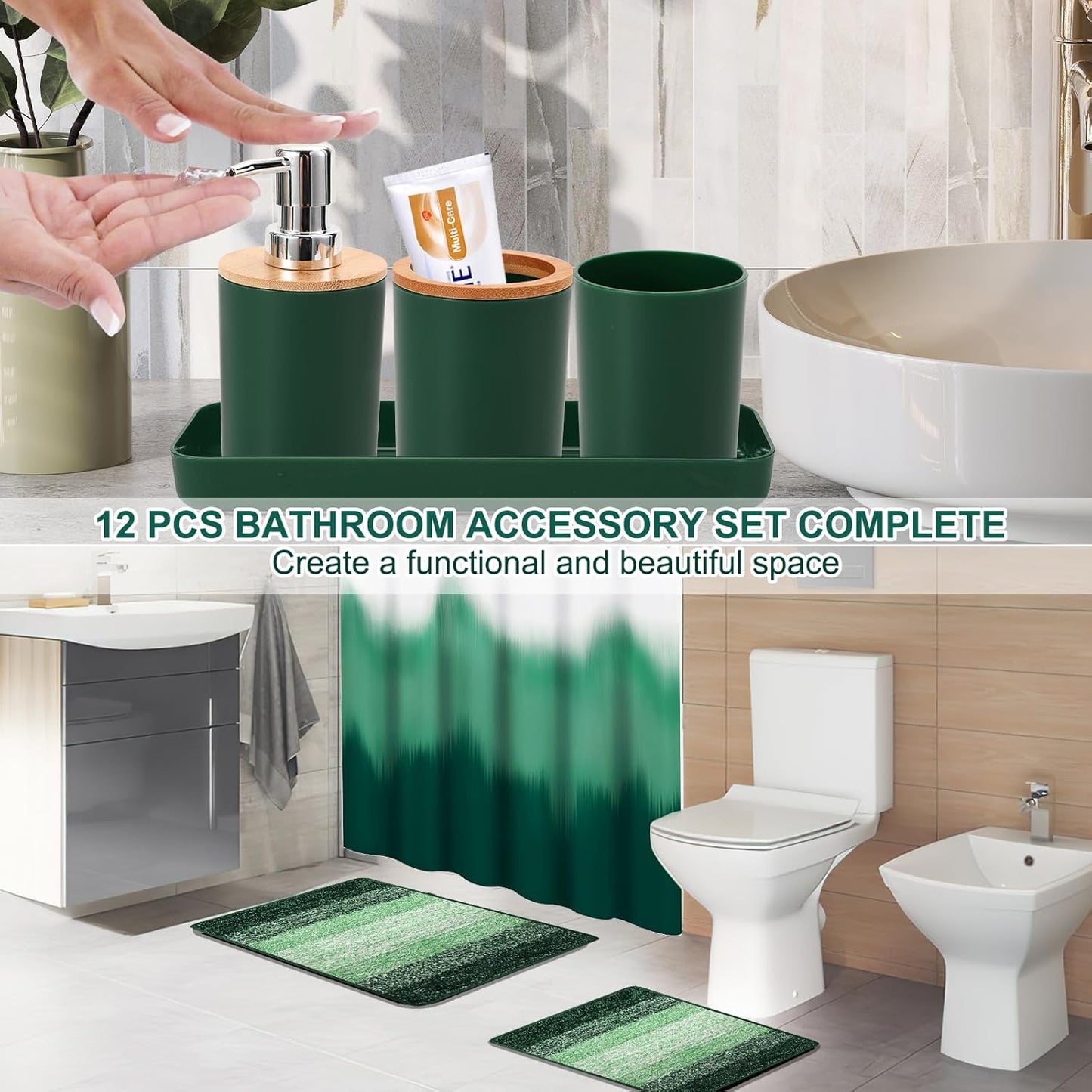iMucci Bathroom Accessories Dark Green Bathroom Sets with Shower Curtain and Rug,Shower Curtain Set,Bath Rugs Home Decor
