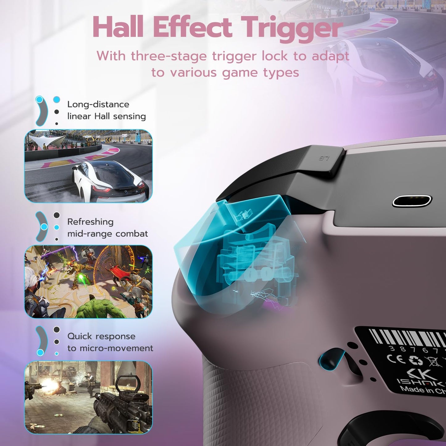 ISHAKO Wireless Gaming Controller – 1000Hz Polling, 1200mAh Battery PC Controller, Back Buttons, Hall effect Joystick, Hall Triggers, 3-Mode Triggers 2.4G&Bluetooth Controller for PC/Steam/iPhone/Android/Switch -Metallic Berry Powder