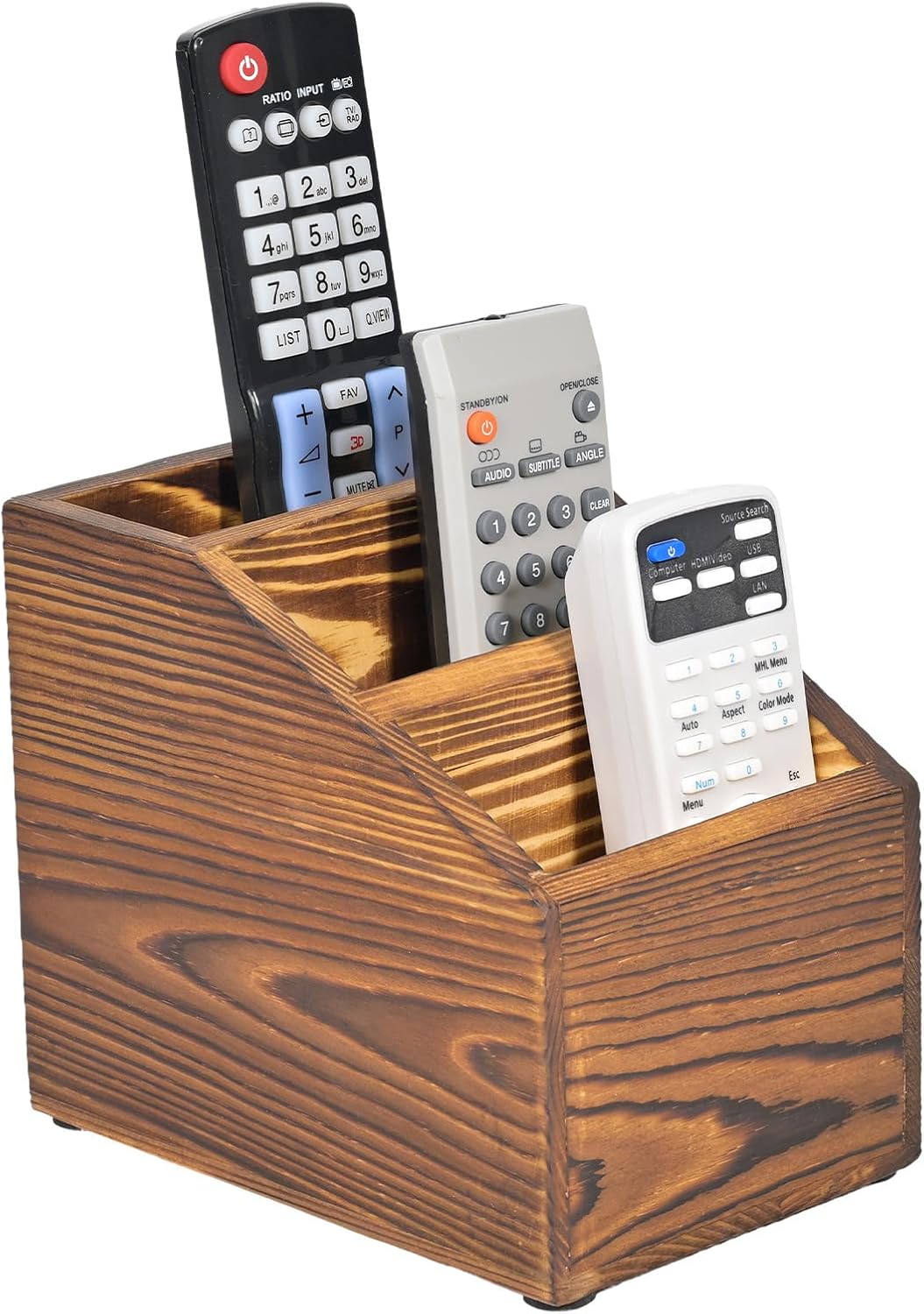 Wooden Remote Control Holder Organizer, 3 Compartment Storage Slots, TV Remote Holder for Table, TV Remote Media Remote Storage Box for Living Room (Brown)