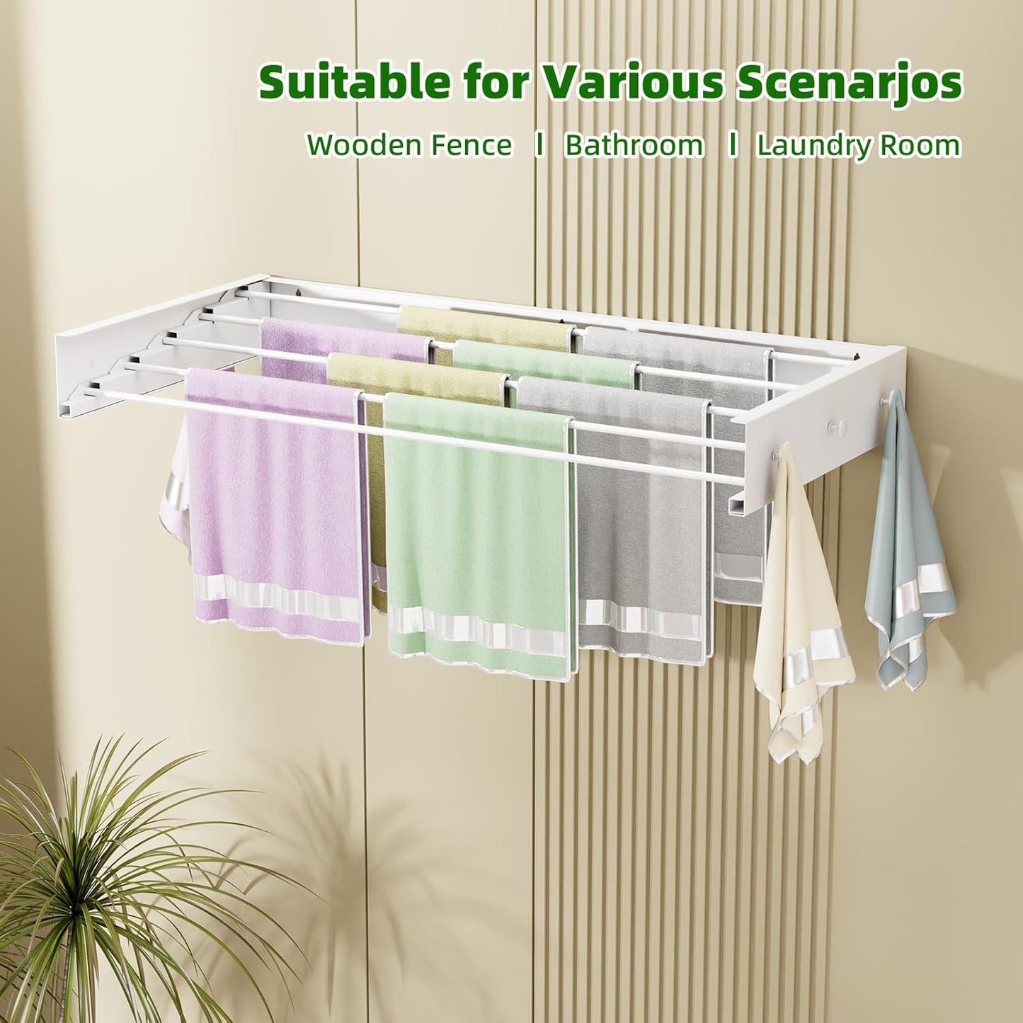 Wall Mounted Drying Rack for Laundry 31.5'', Folding Clothes Drying Rack Wall Mount with 5 Rods and 6 Hooks, Space Saving Collapsible Towel Rack for Indoor Outdoor Bathroom Balcony (White, 31.5'')
