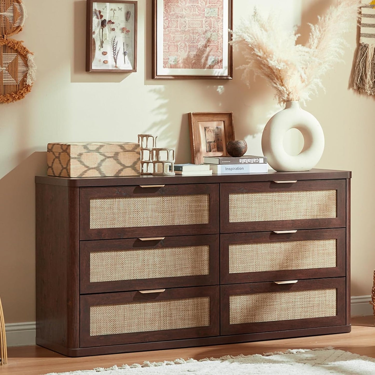 LEYAOYAO Rattan 6 Drawer Dresser for Bedroom, 54" Wide Boho Chest of Drawers, Wooden Dressers TV Stand with Metal Handle, Storage Closet Organizer for Living Room, Hallway, Walnut