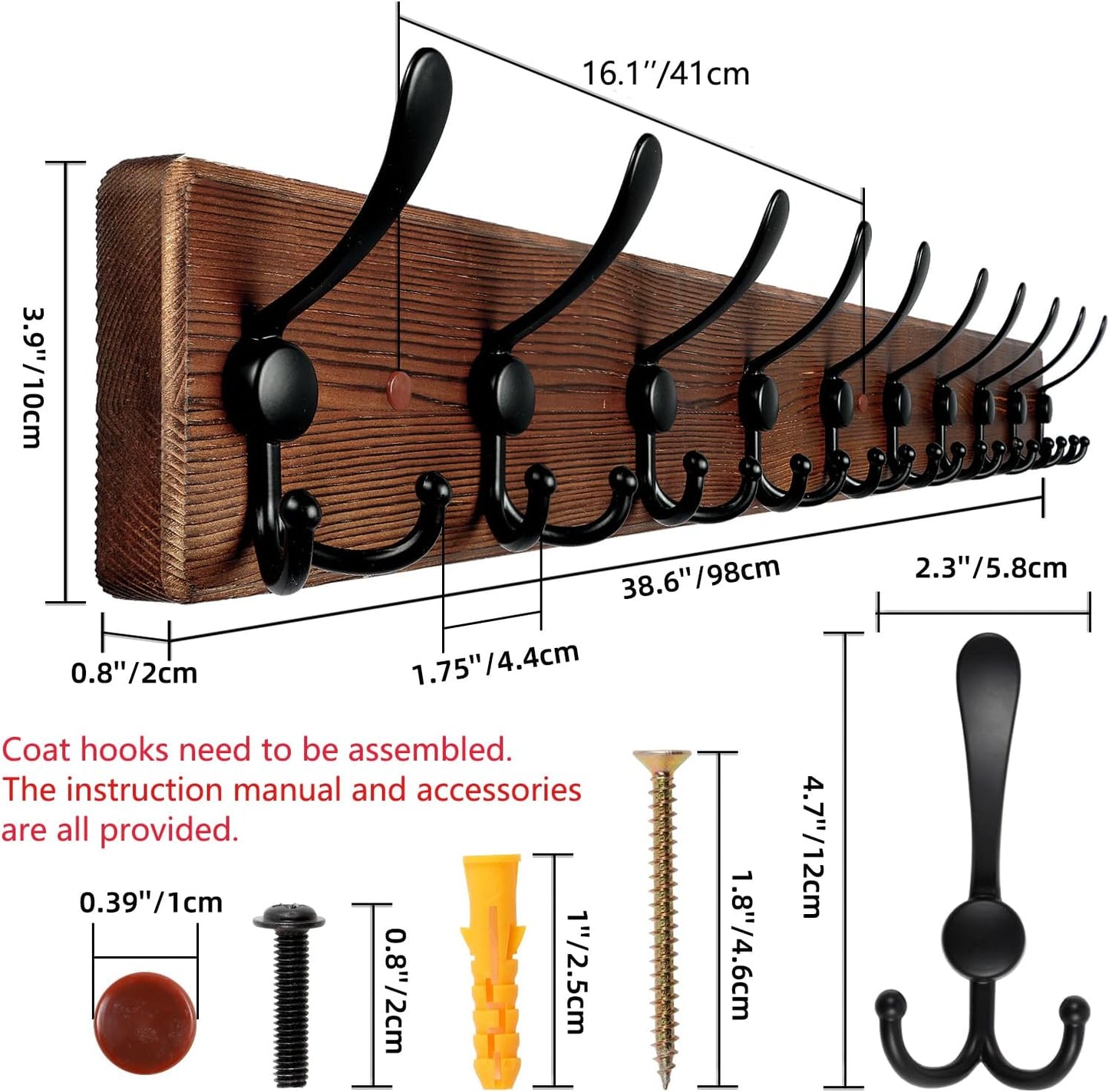 Large Coat Rack Wall Mount 38.6'' Rustic Wood Coat Rack Hook Long Coat Hooks Wall Mount Farmhouse Wall Hooks for Hanging Coat, Bags, Towels