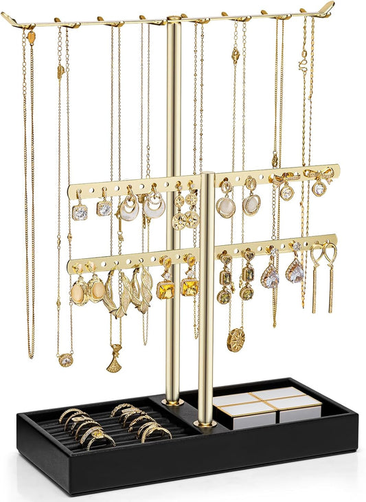 Vlando 2 Tier Jewelry Stand Organizer with Tary, Leather Jewelry Holder Display for Women, Gold Jewlery Holder Stand for Necklace, Earring, Bracelet, Rings - Black