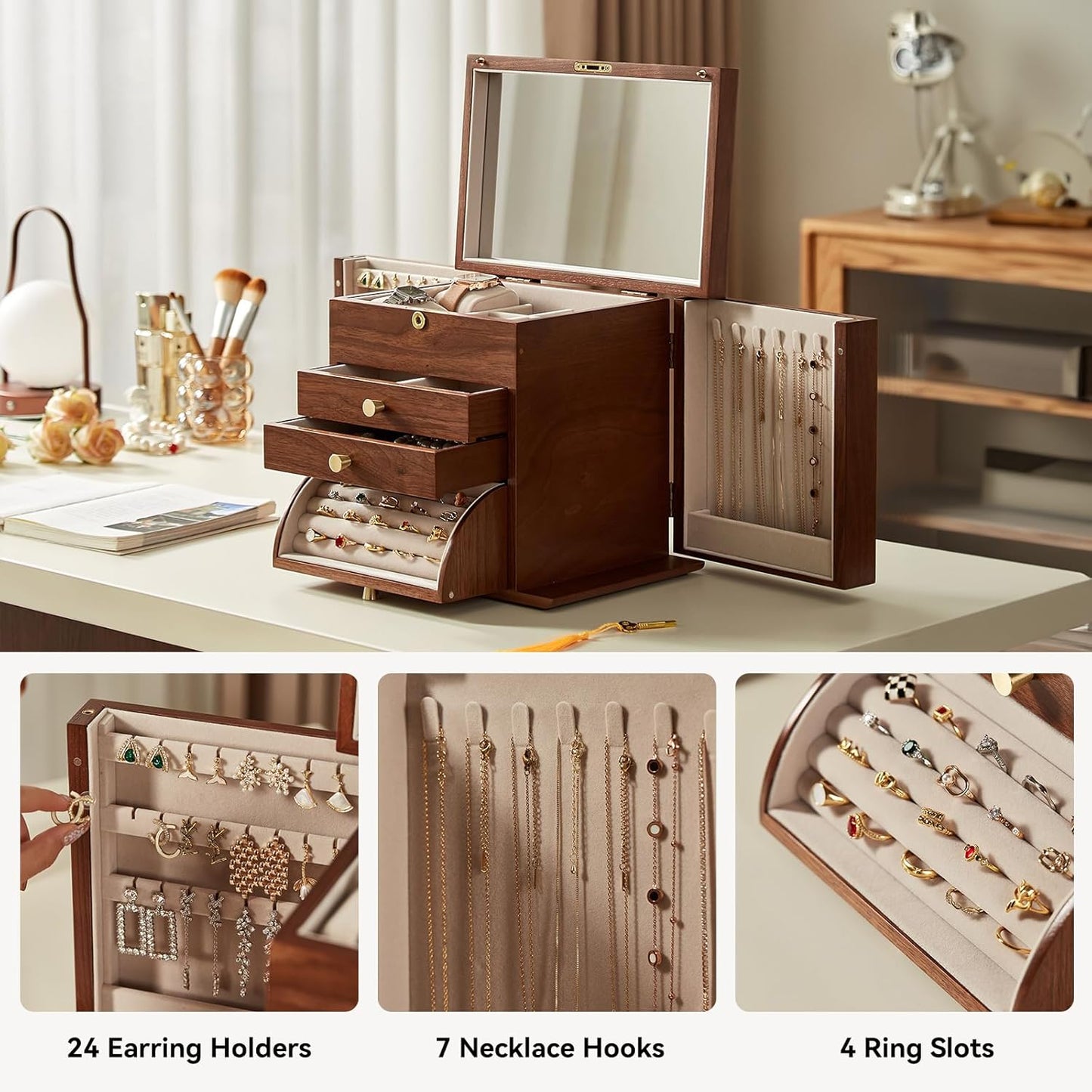 Black Walnut Wooden Jewelry Box, Wood Jewelry Organizer with 2 Side Doors Mirror Lockable Classical for Watch Necklace Ring Earring Storage Christmas Gifts-4 Layer with Curved Ring Grooves
