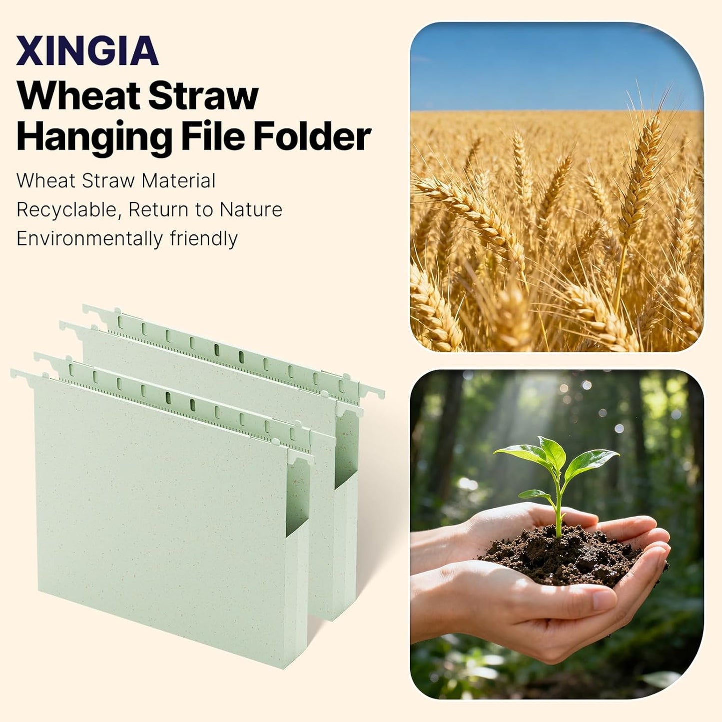 Wheat Straw Plastic Hanging File Folder Letter Size,Heavy Duty 1 Inch Expansion,12 Pack Extra Capacity Hang Folders for Filing Cabinet,Reinforced File Pockets Folder with Tabs(Morandi Green)