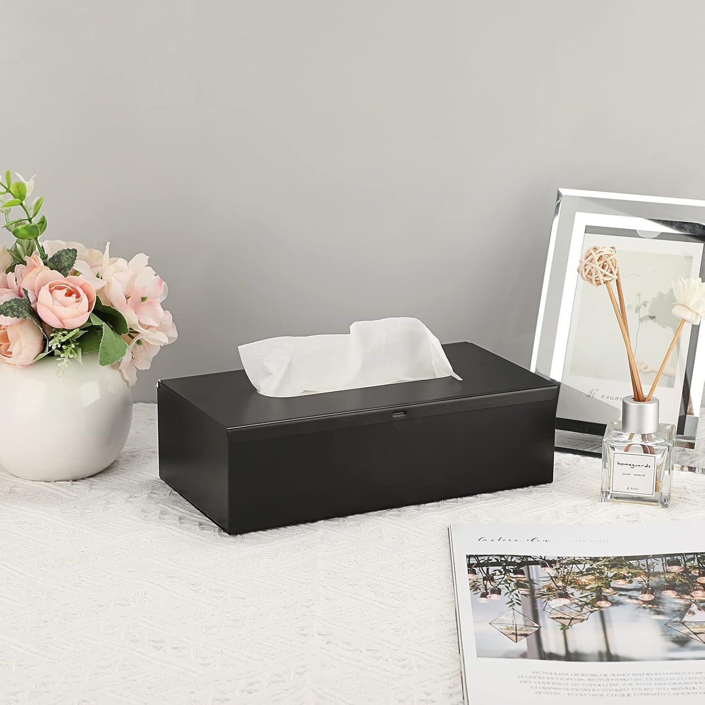 Sumnacon Rectangular Tissue Box Cover - Stylish Stainless Steel Tissue Box Holder, Modern Metal Facial Tissue Holder for Dresser Table Night Stand Bathroom Vanity Home Office Bar Decor, Black