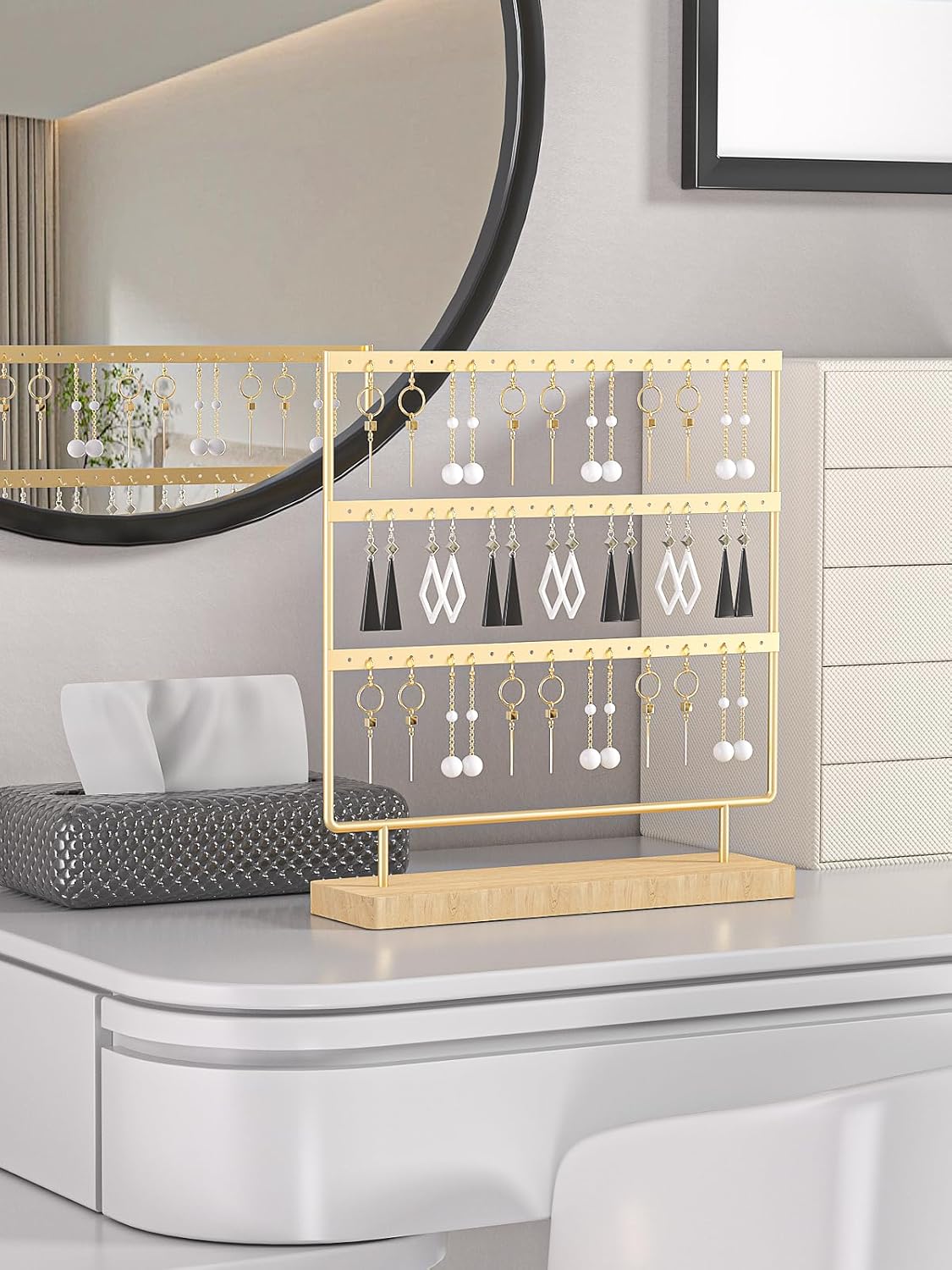 Earring Holder Organizer,Pierced Large Earrings Display Stand For Selling,Small Stud Earring Organizer Rack,Hoop Earring Storage Hanger Tree (Golden, 3 tier)