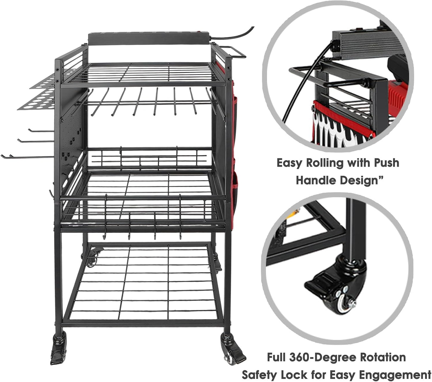 Garage Power Tool Organizer Cart with Charging Station, Floor Stand Rolling Drill Holder and Tool Battery Storage Cart on Wheels, 3-Layer Utility Rack Shelf with 8 Outlet Power Strip,Black