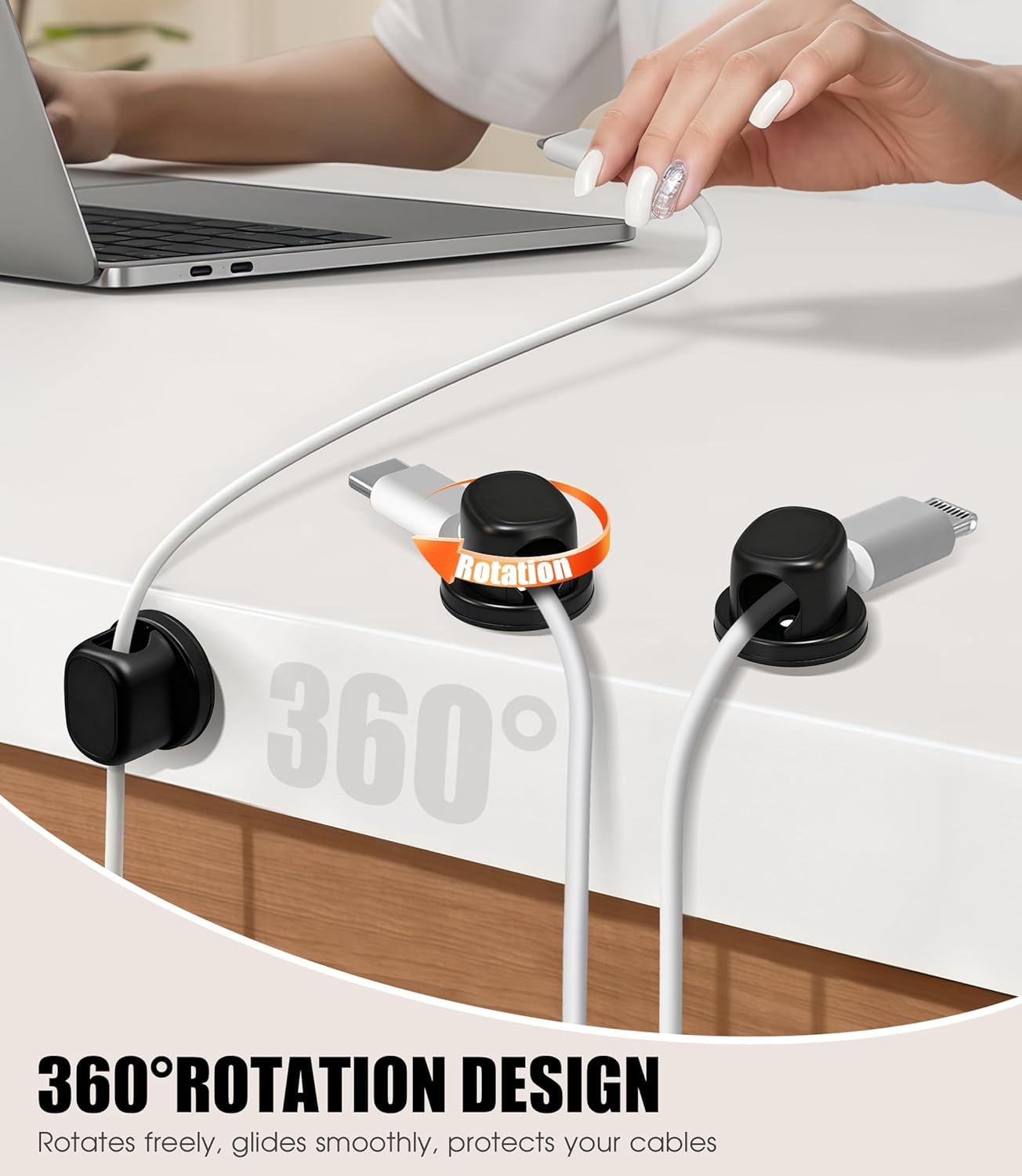 8 Pack Cord Organizer, Ω-Shaped Rotatable Cable Clips, Strong Adhesive Cable Management with Nails, Cord Holder for Nightstand, Desk, and Wall (Black)