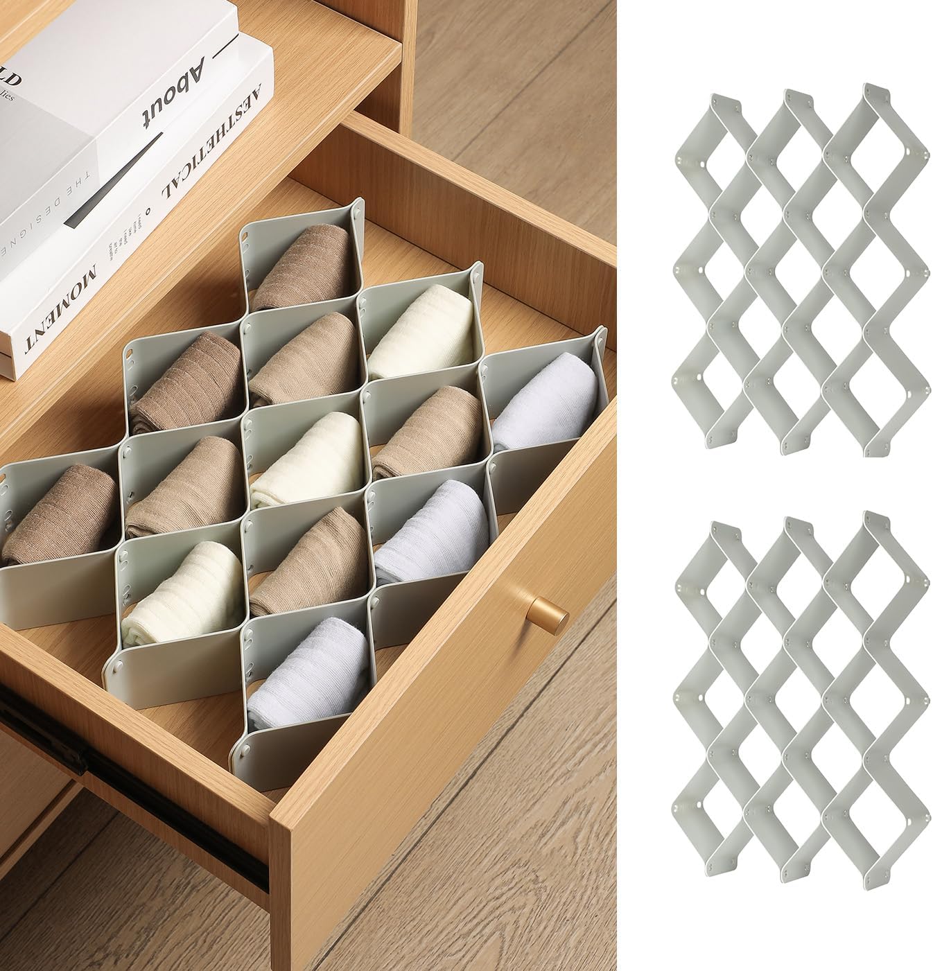 ROUFA Sock Drawer Organizer for Dresser, Honeycomb Underwear Dividers for Women, Panty Separator for Bras, Socks, Belt and Leggings (2 Sets/12pcs,Grey)