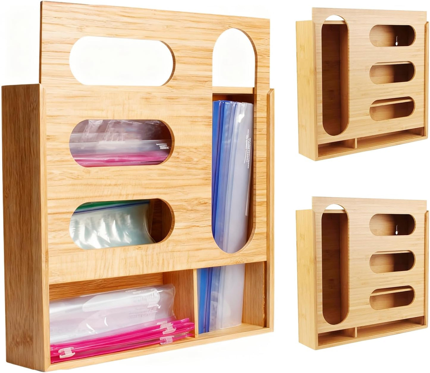 Storage Bag Organizer, Bamboo Ziplock Holder Baggie Organizer for Drawer and Wall Mount, Compatible with Gallon, Quart, Sandwich, Snack,DessertSize Bag (3)